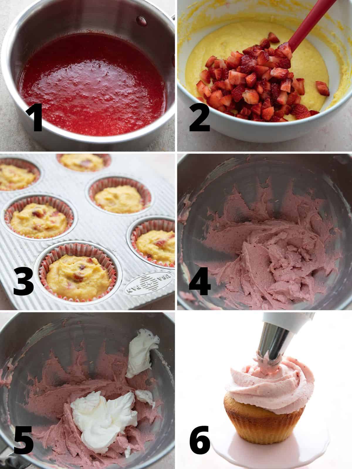 A collage of 6 images showing how to make Keto Strawberry Cupcakes.
