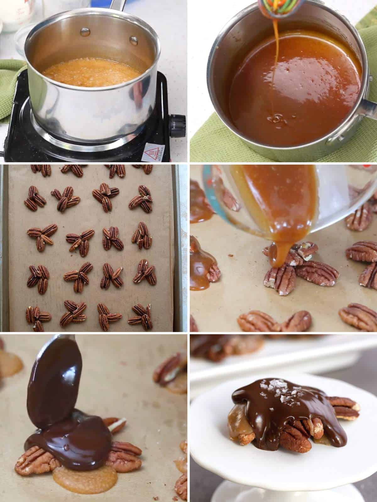 A collage of 6 images showing how to make Keto Pecan Turtles.