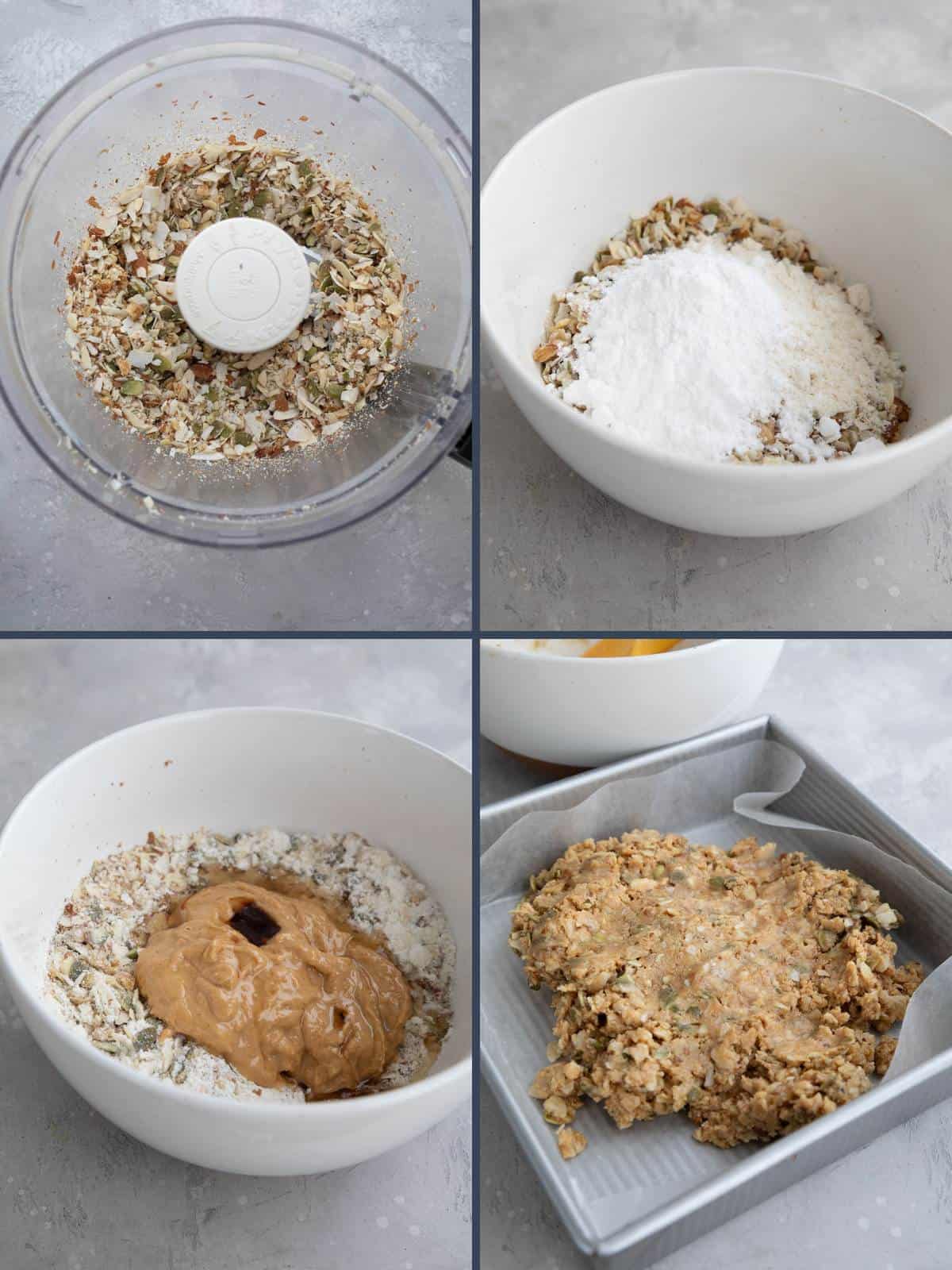 A collage of four images showing how to make no bake granola bars.