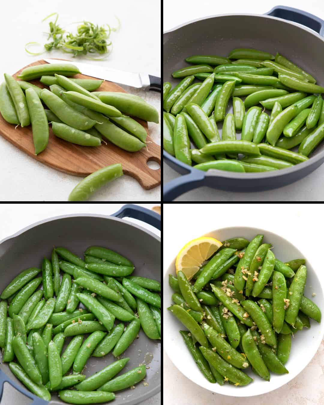 A collage of 4 images showing how to cook sugar snap peas.
