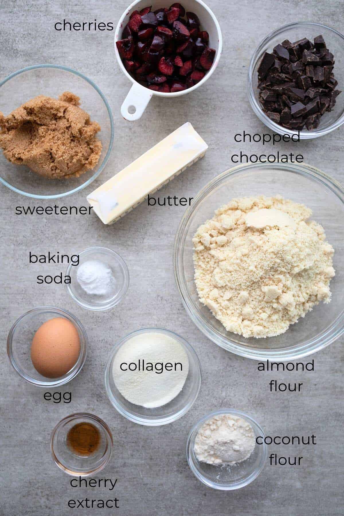 Top down image of ingredients needed for Keto Cherry Chocolate Chunk Cookies.