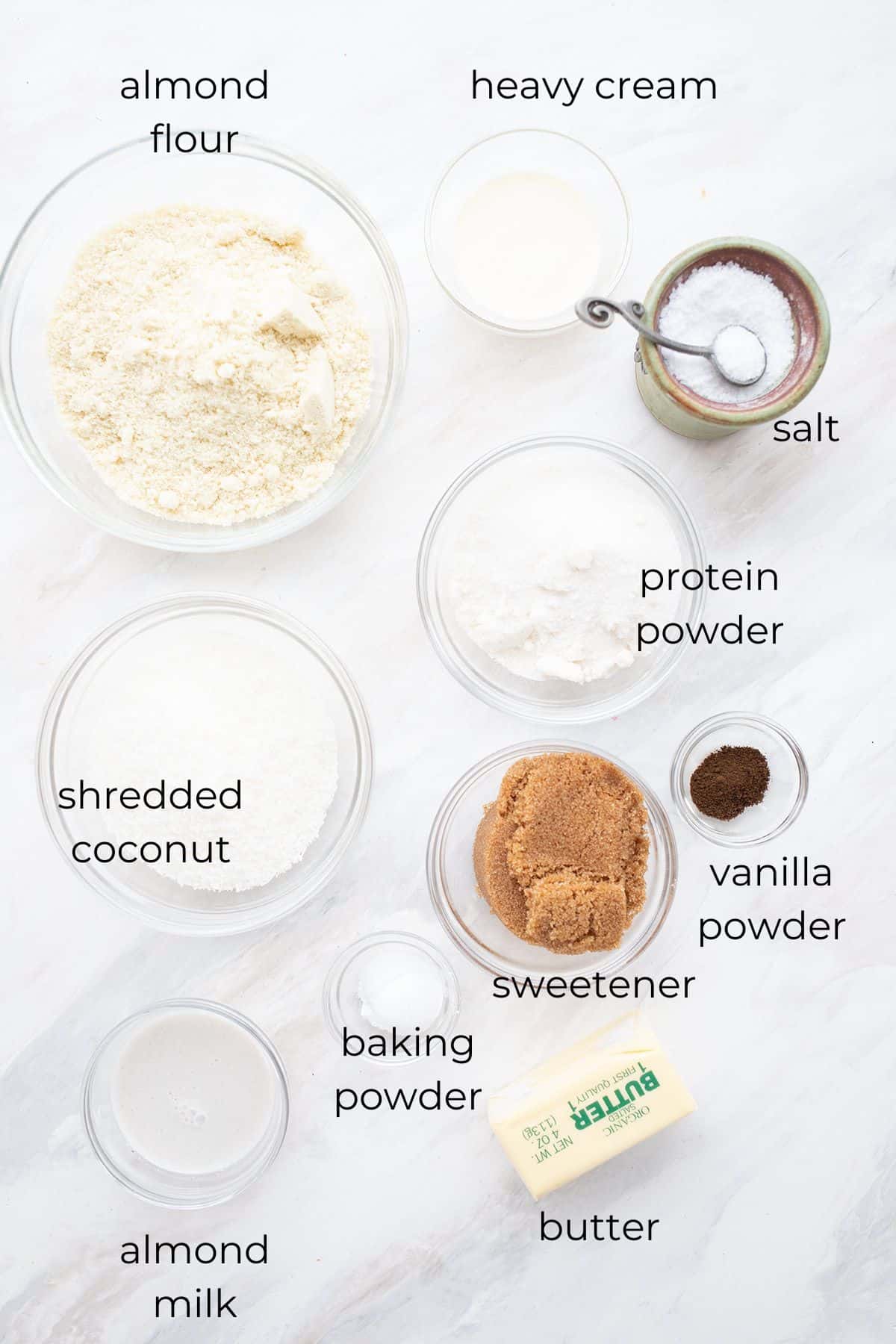 Top down image of ingredients needed for Danish Dream Cake.