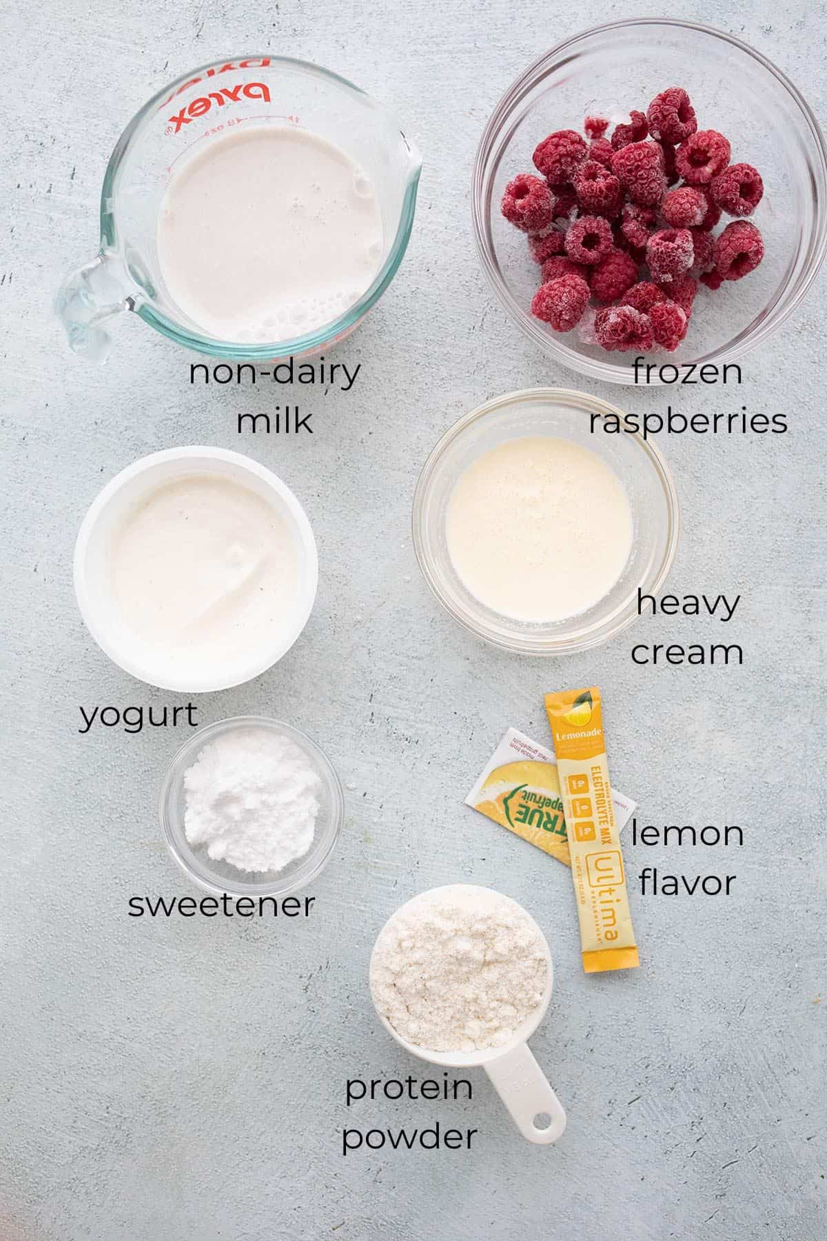 Top down image of ingredients needed for keto protein shakes.