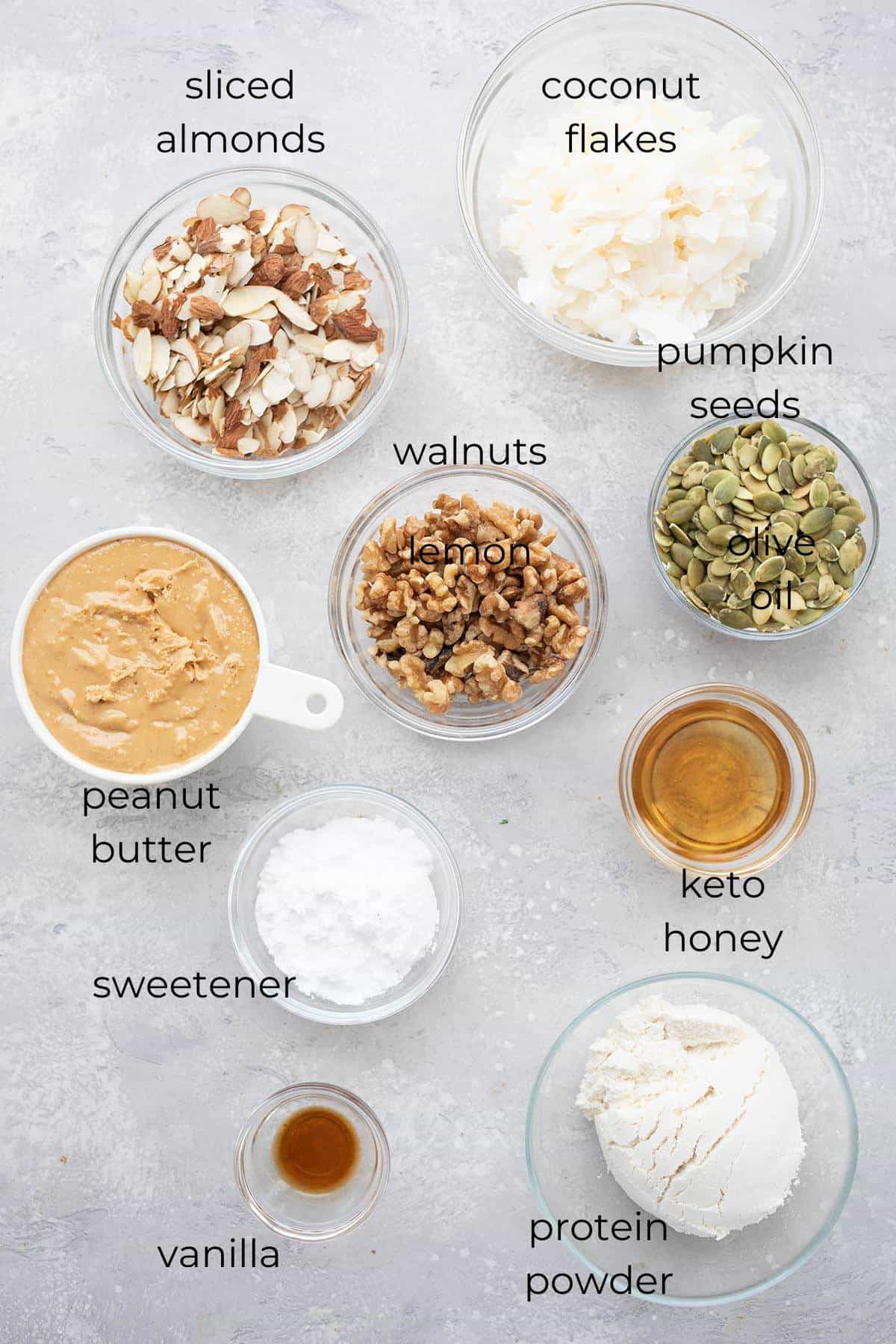 Top down image of ingredients needed for no bake keto granola bars.