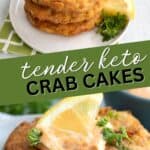 Two photo Pinterest collage for keto crab cakes.