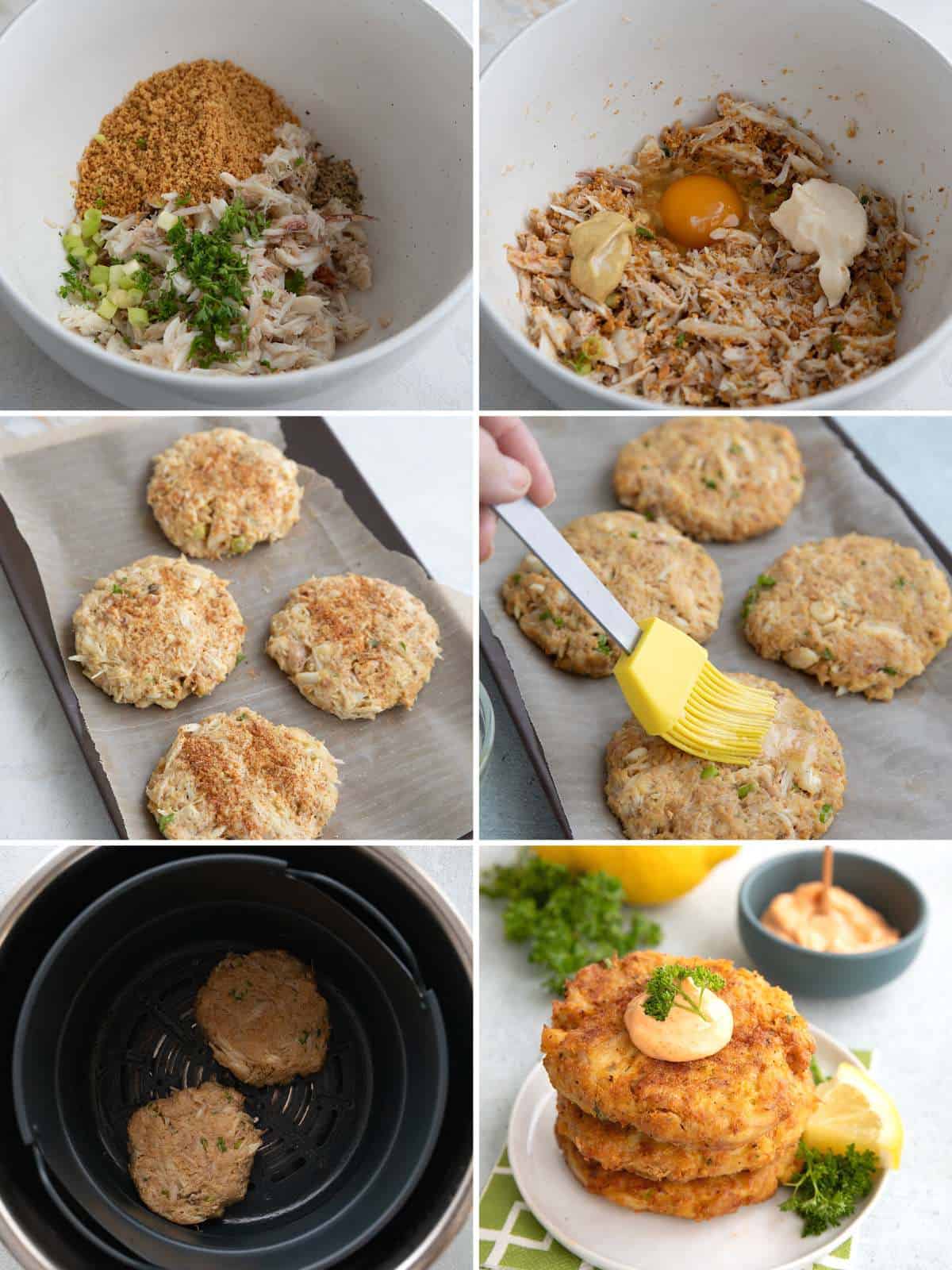 A collage of 6 images showing how to make air fryer crab cakes.