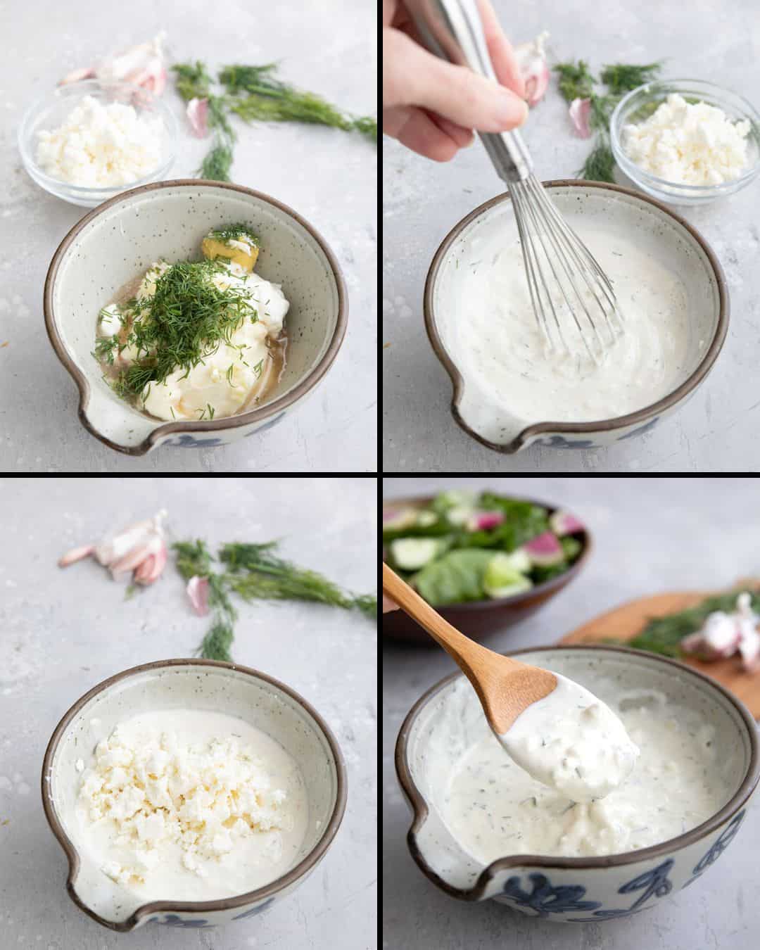 A collage of 4 images showing how to make Feta Dressing.