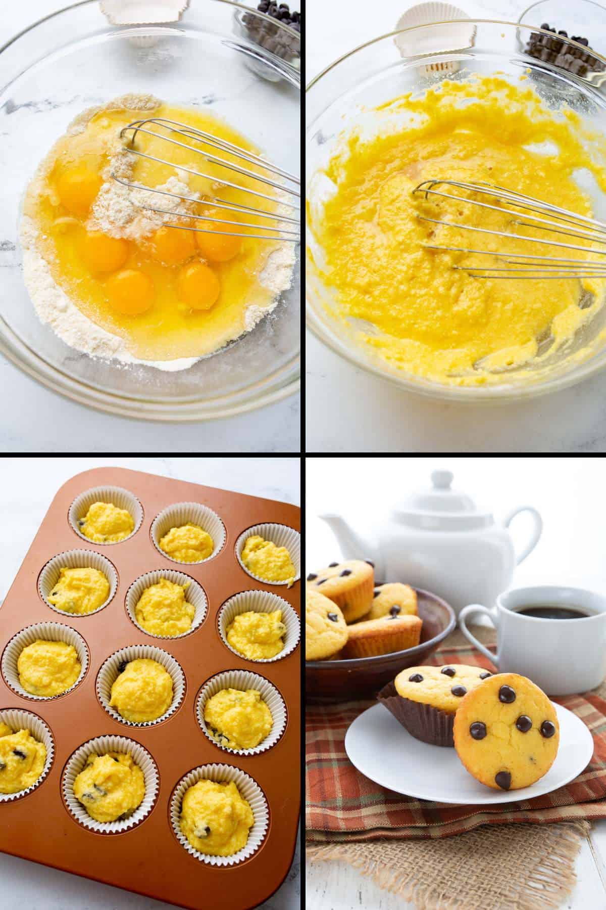 A collage of 4 images showing how to make Keto Banana Muffins.