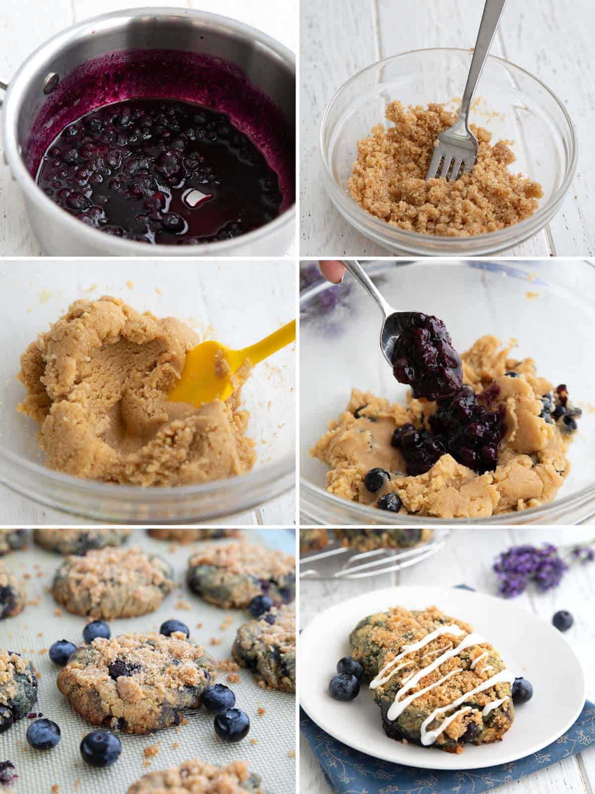 A collage of 6 images showing how to make Keto Blueberry Muffin Cookies.