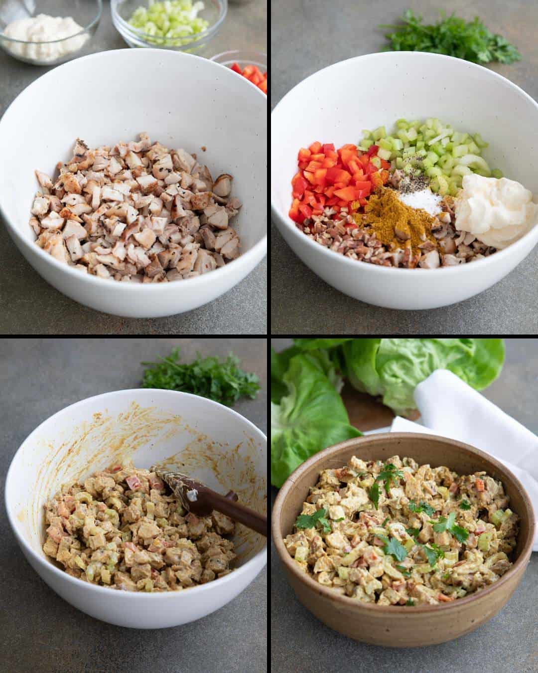 A collage of 4 images showing how to make Keto Chicken Salad.