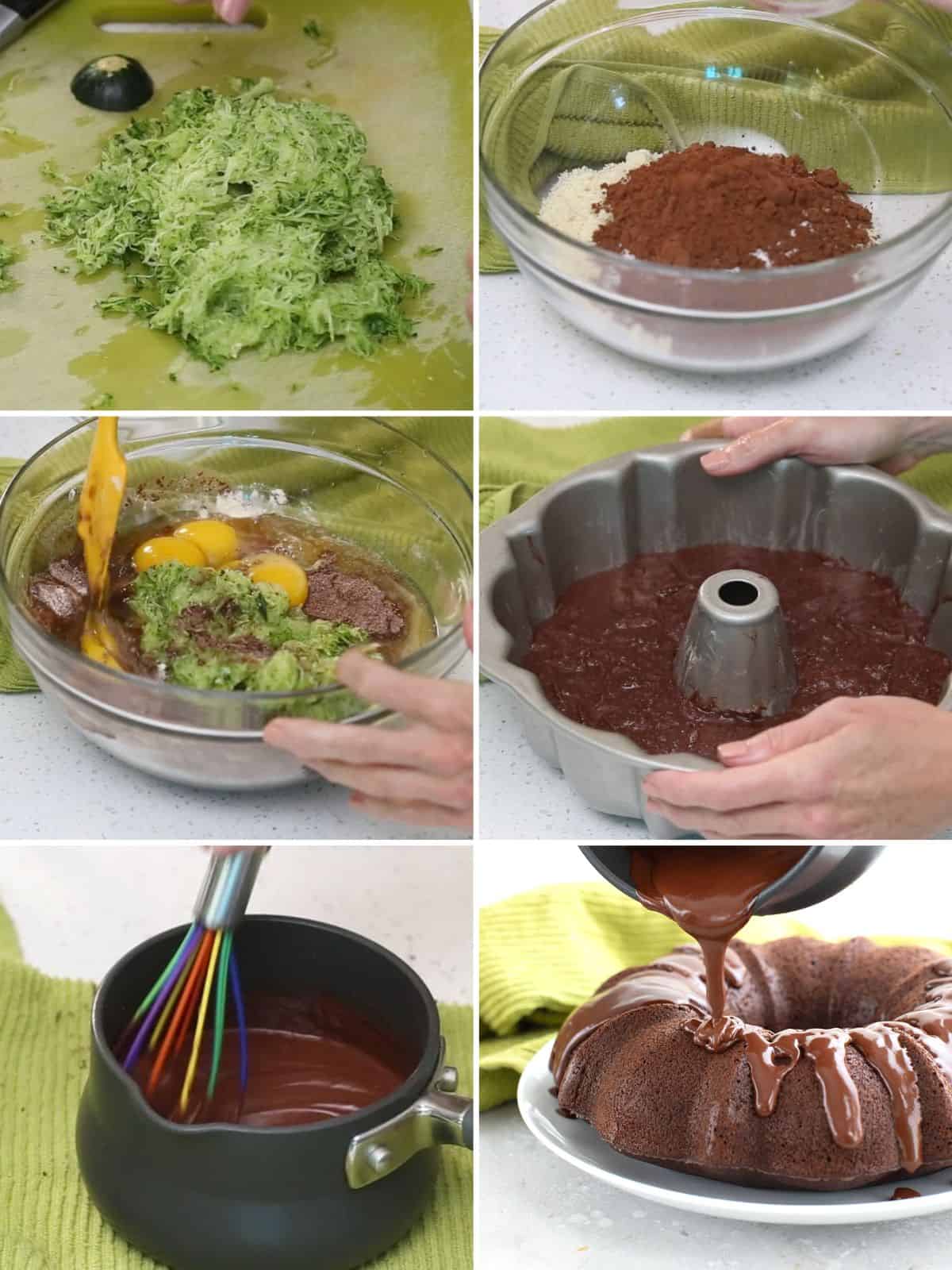 A collage of 6 images showing how to make Keto Chocolate Zucchini Cake.