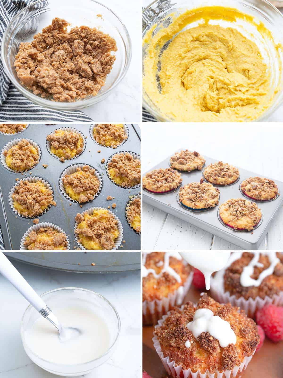 A collage of 6 image showing the steps for making Keto Coffee Cake Muffins.
