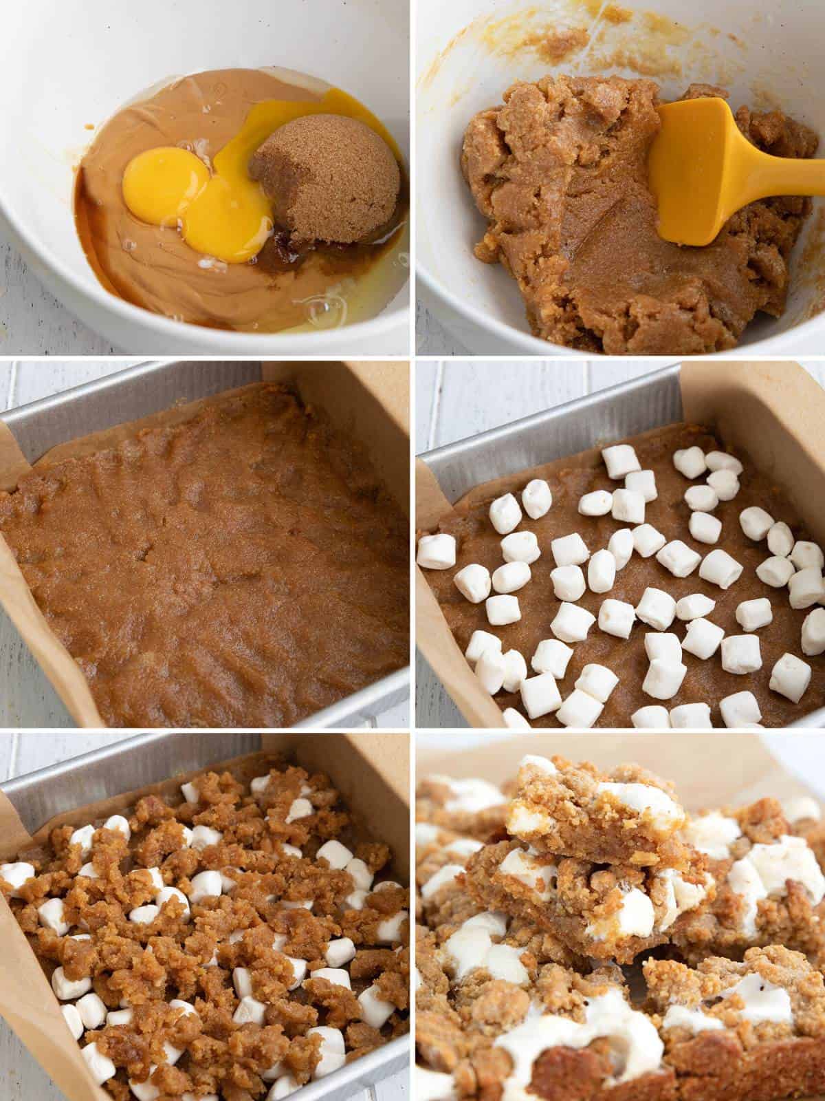 A collage of 6 images showing how to make Keto Fluffernutter Bars.