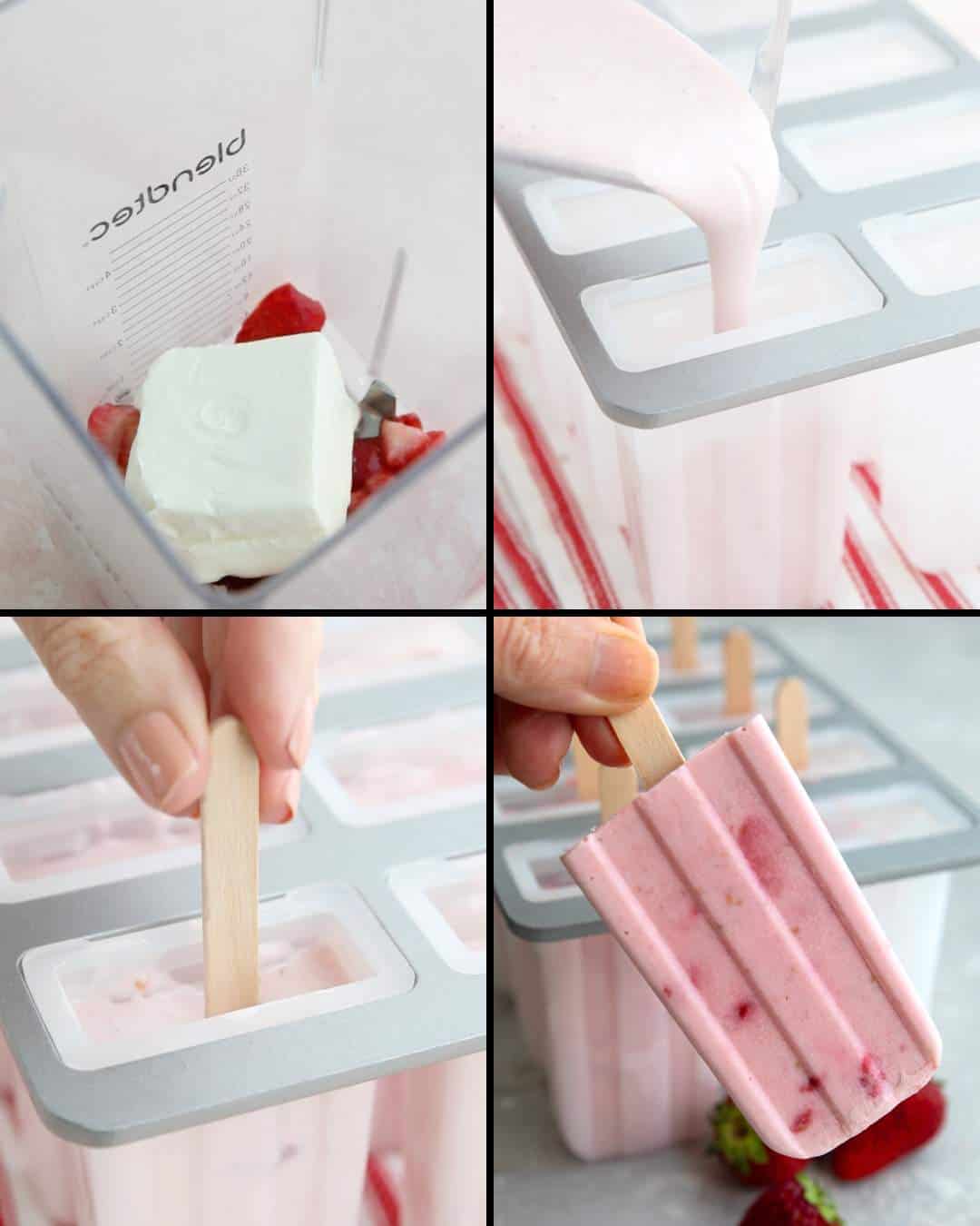 A collage of 4 images showing the steps for making keto popsicles.