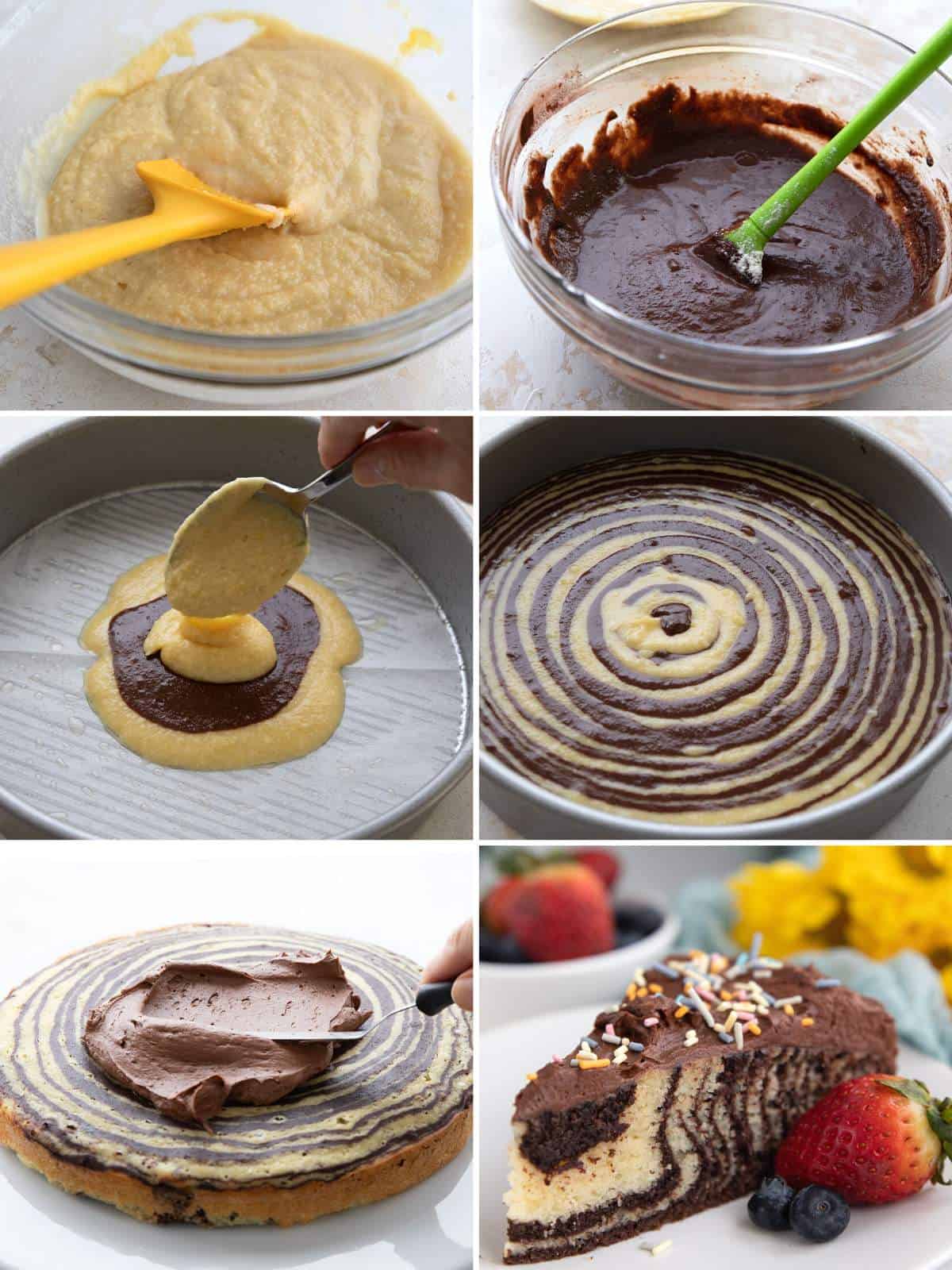 A collage of 6 images showing how to make Keto Zebra Cake.