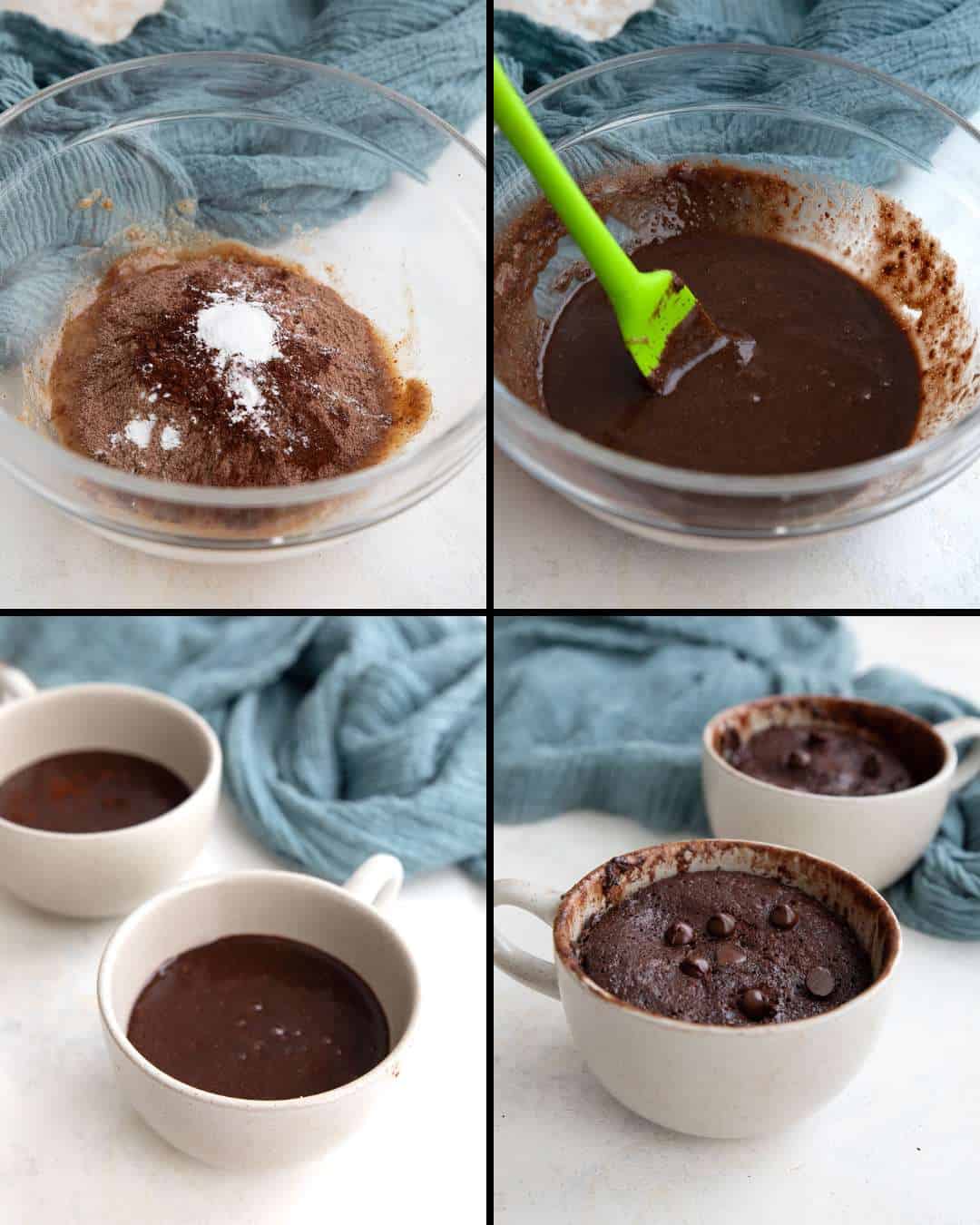 A collage of 4 images showing how to make Protein Mug Cakes.