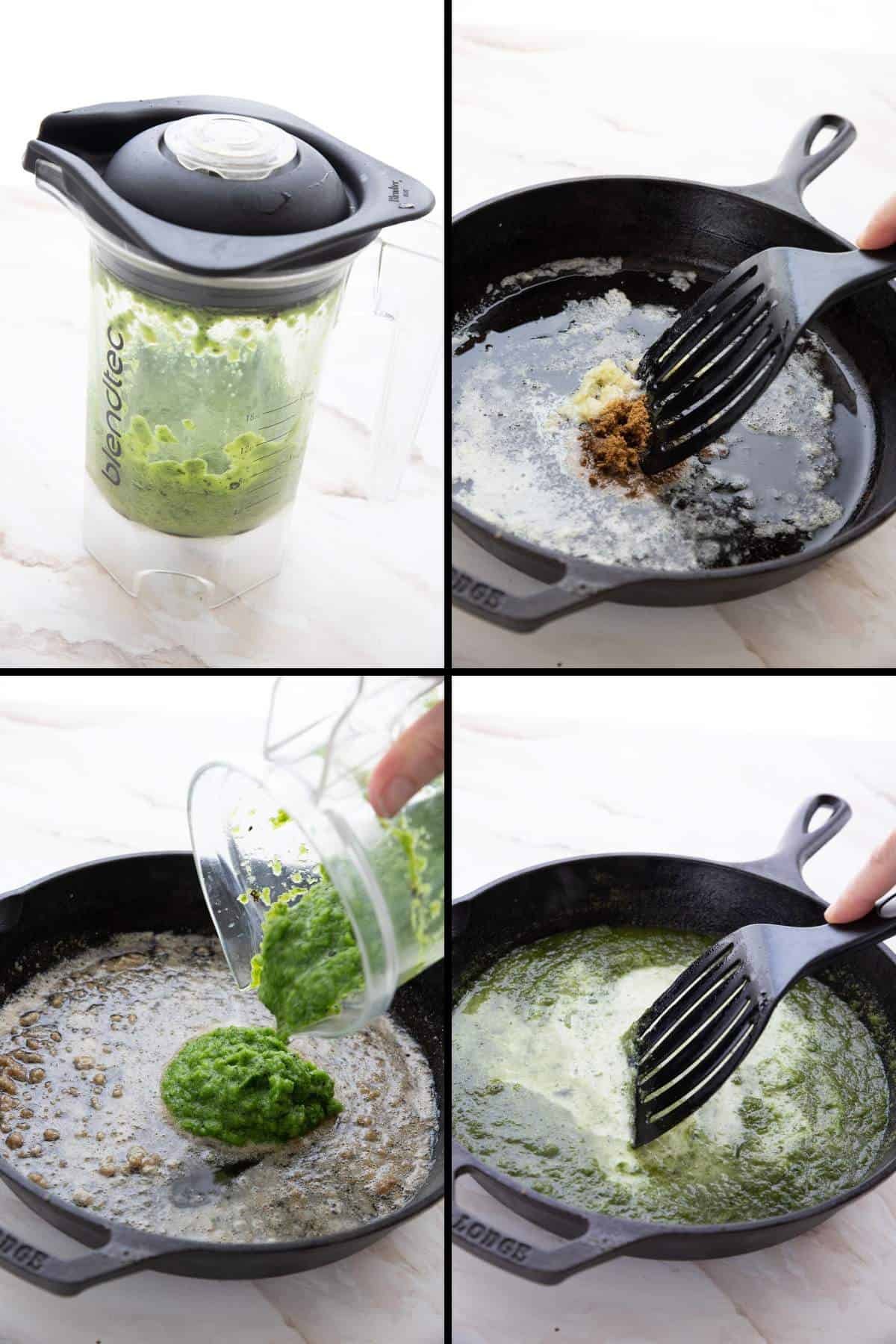 A collage of 4 images showing how to make Poblano Sauce.
