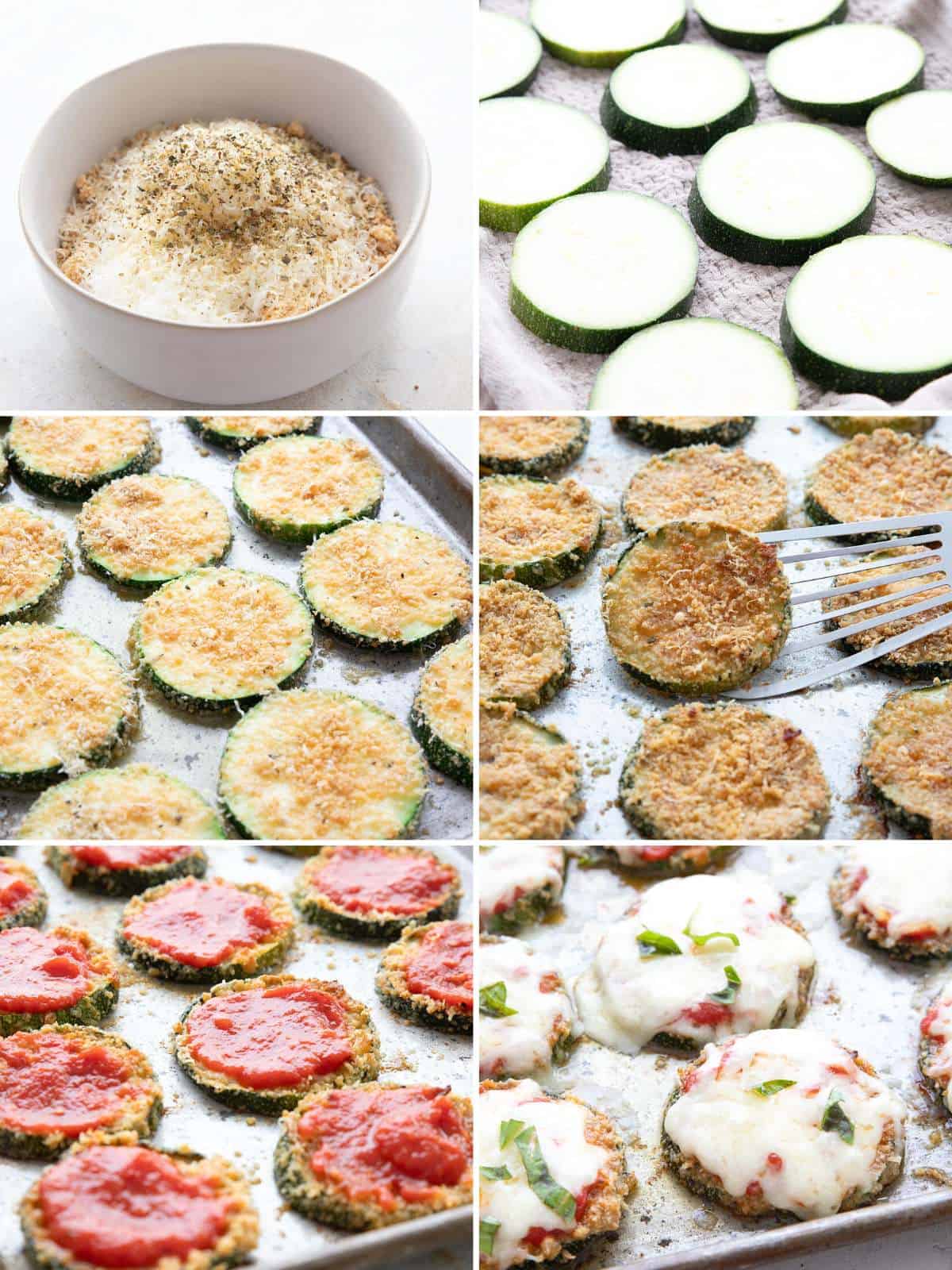 A collage of 6 images showing how to make zucchini parmesan.