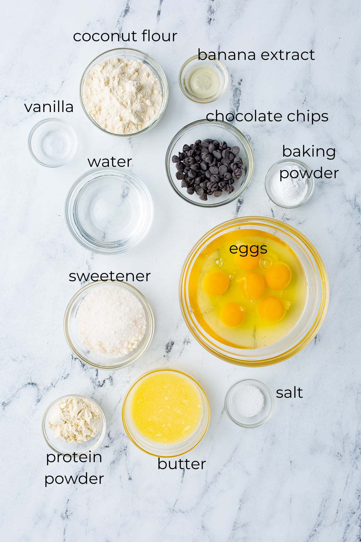 Top down image of ingredients needed for keto banana muffins.