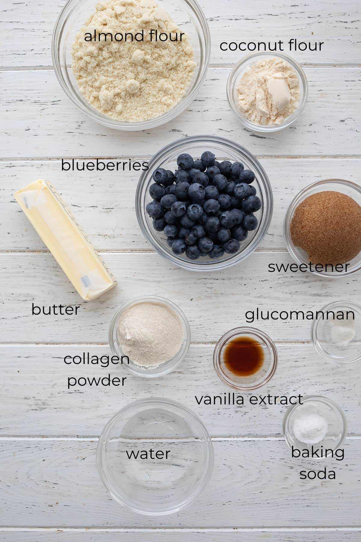 Top down image of the ingredients needed for keto blueberry muffin cookies.
