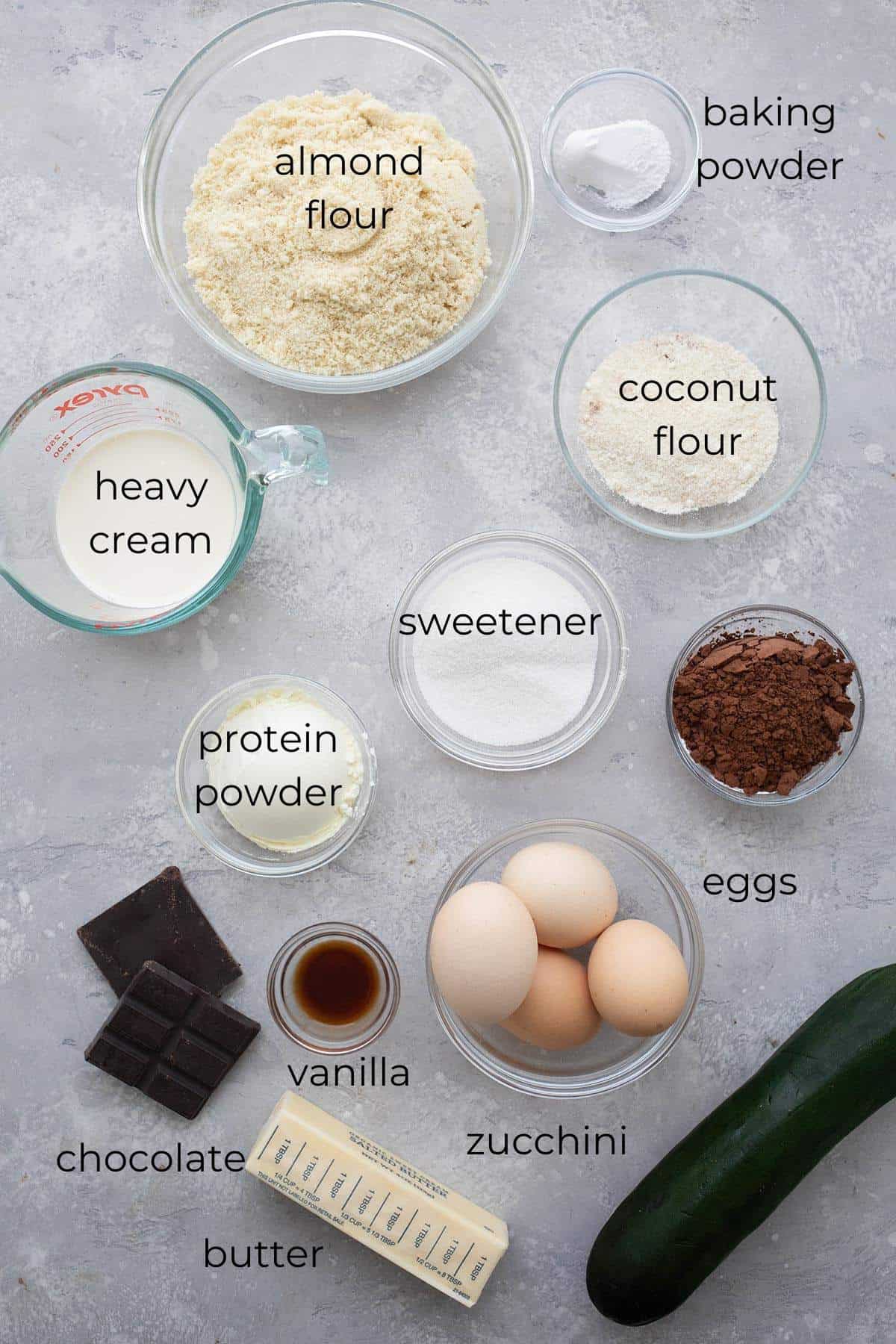 Top down image of ingredients needed for keto bundt cake.