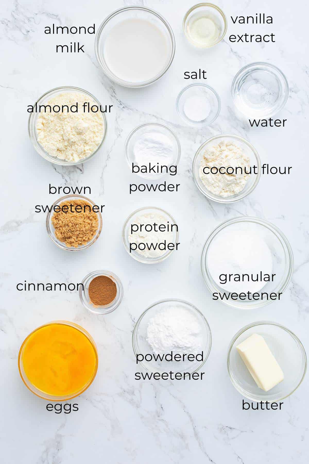 Top down image of ingredients needed for Keto Coffee Cake Muffins.