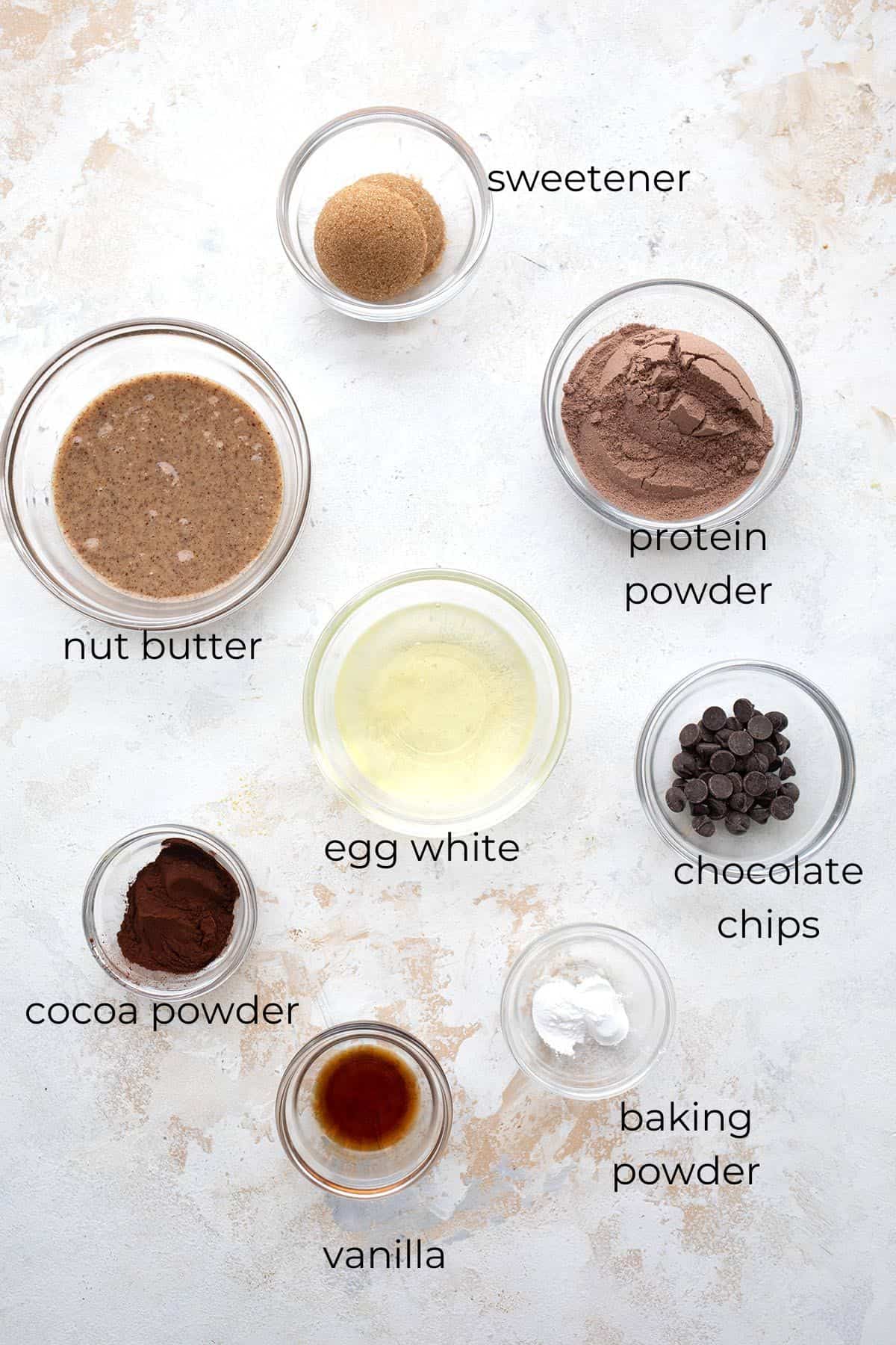 Top down image of ingredients for Keto Protein Mug Cakes.
