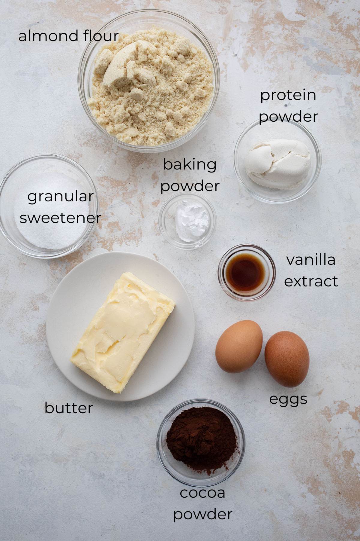 Top down image of ingredients needed for Keto Zebra Cake.