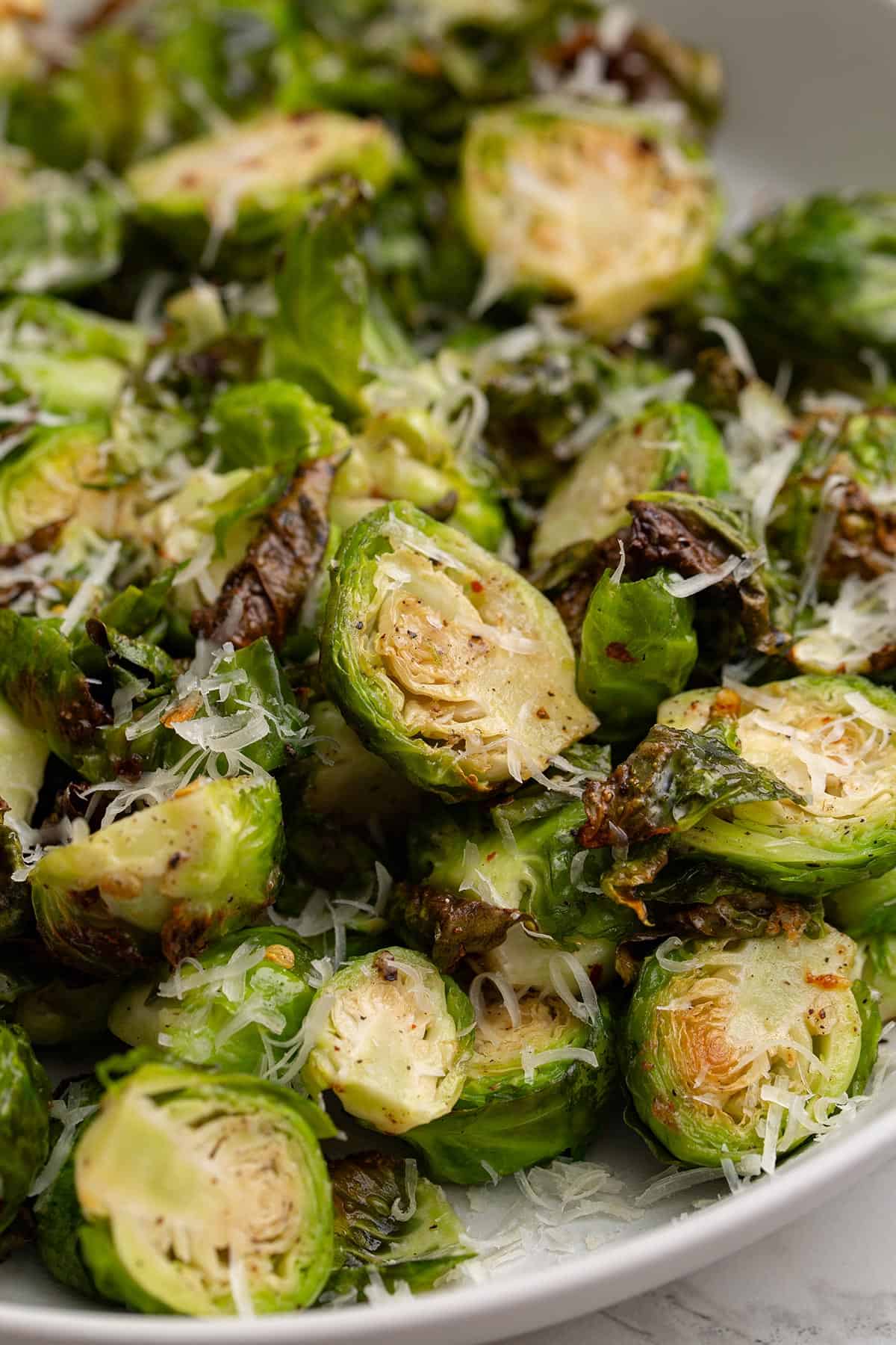 Close up shot of Air Fryer Brussels sprouts.