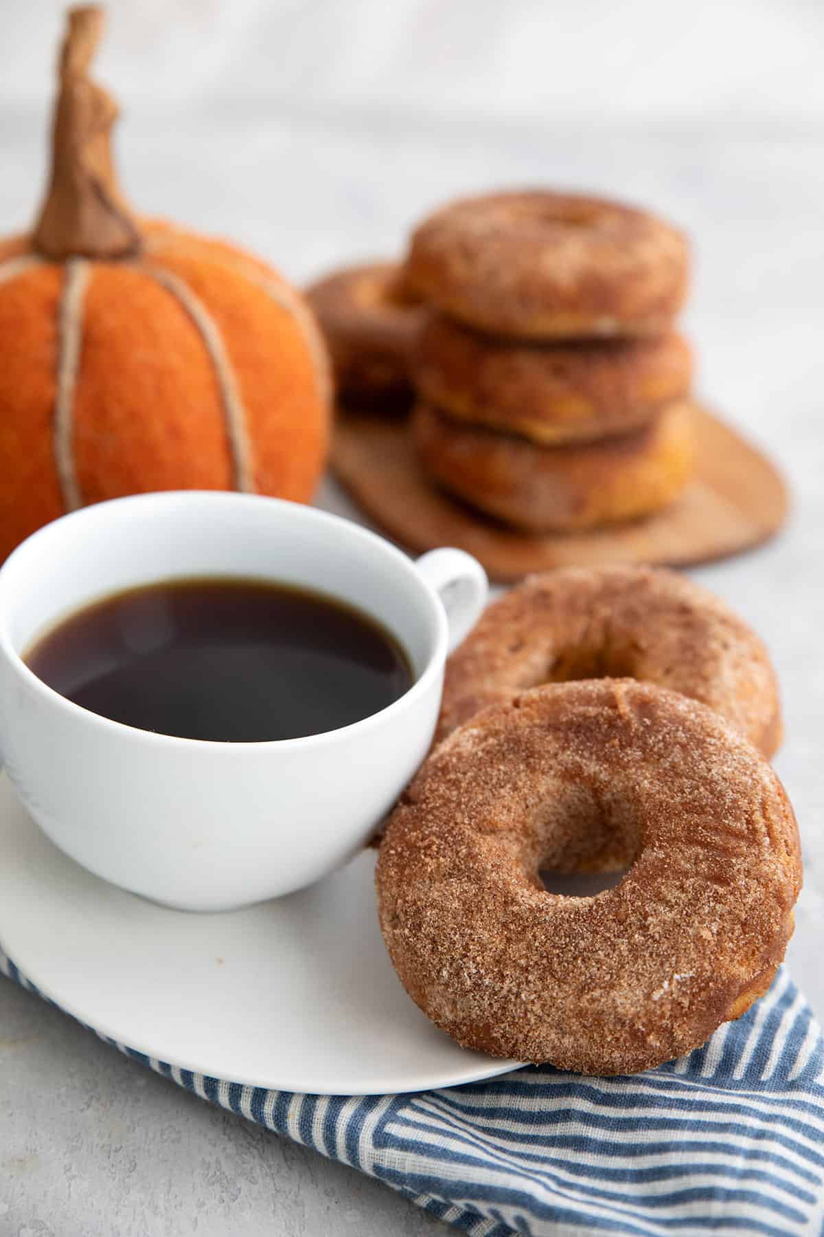 Two keto pumpkin donuts on a white plate with a cup of coffee.