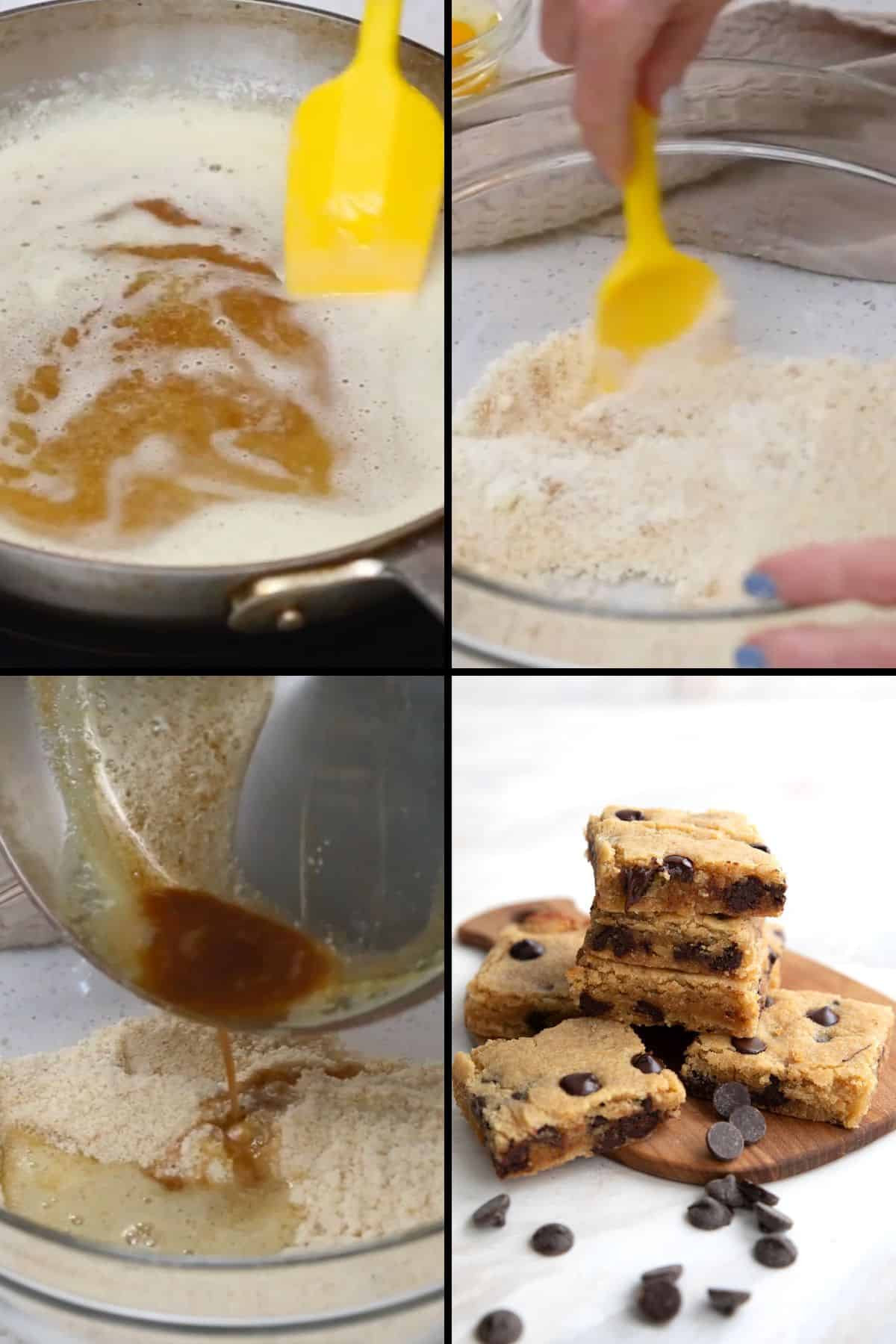 A collage of 4 images showing the steps for making Brown Butter Keto Blondies.
