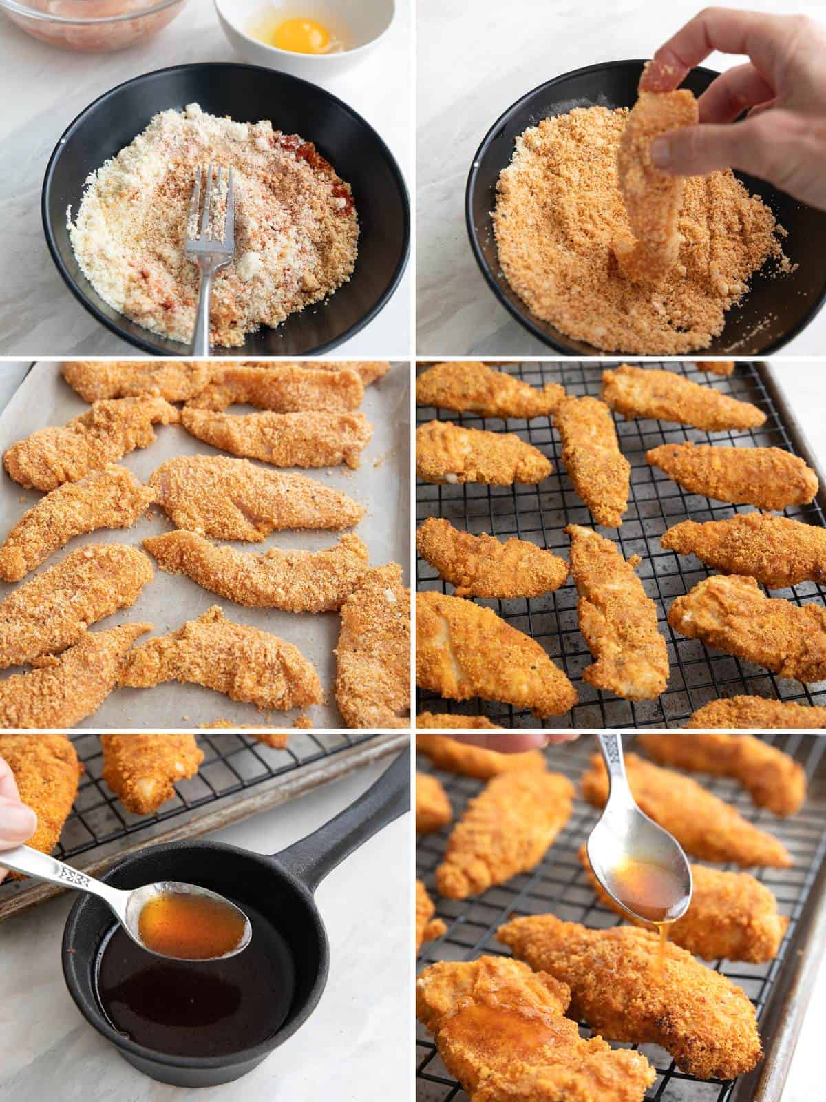 A collage of 6 images showing how to make Keto Chicken Tenders.