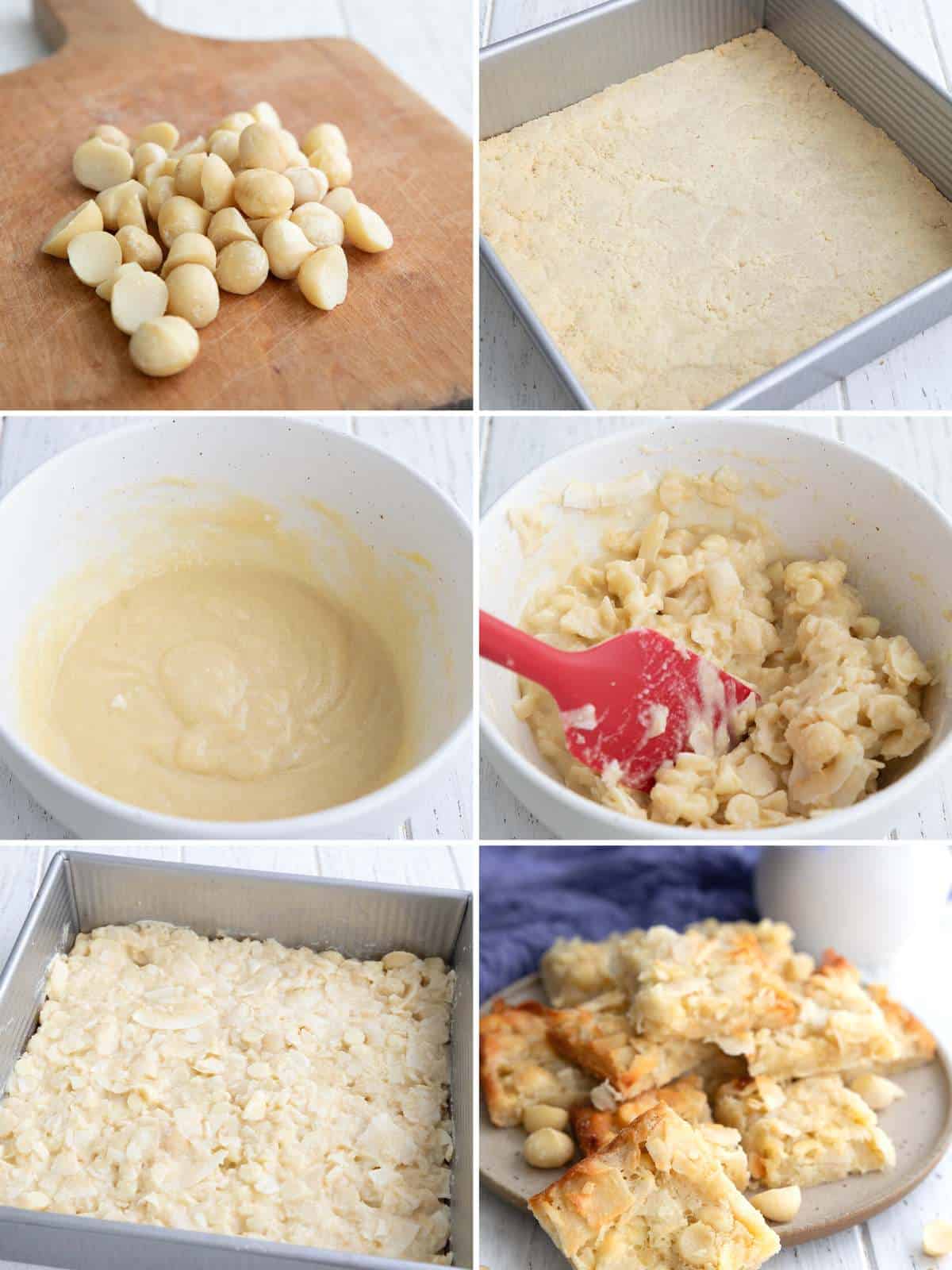 A collage of 6 images showing how to make Keto Coconut Macadamia Bars.