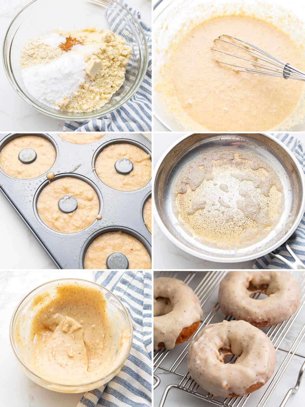 6 images showing the steps for making keto donuts with brown butter glaze.