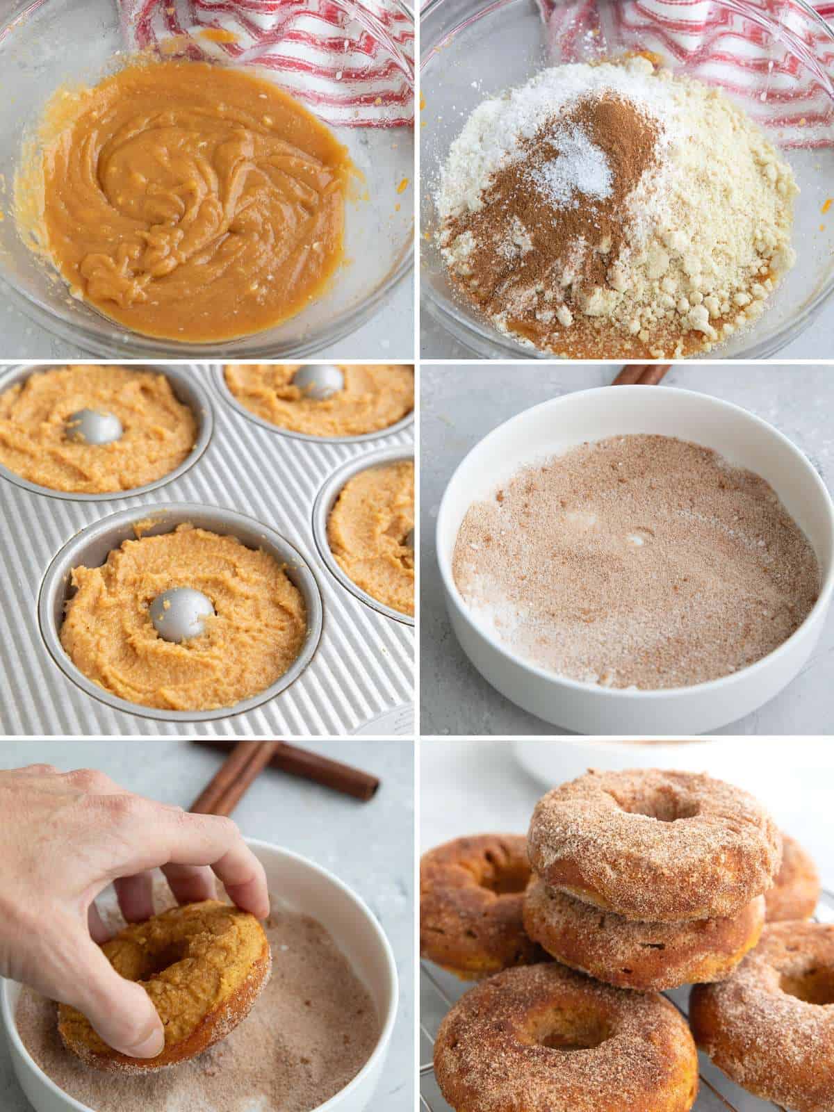 A collage of 6 images showing how to make Keto Pumpkin Donuts.