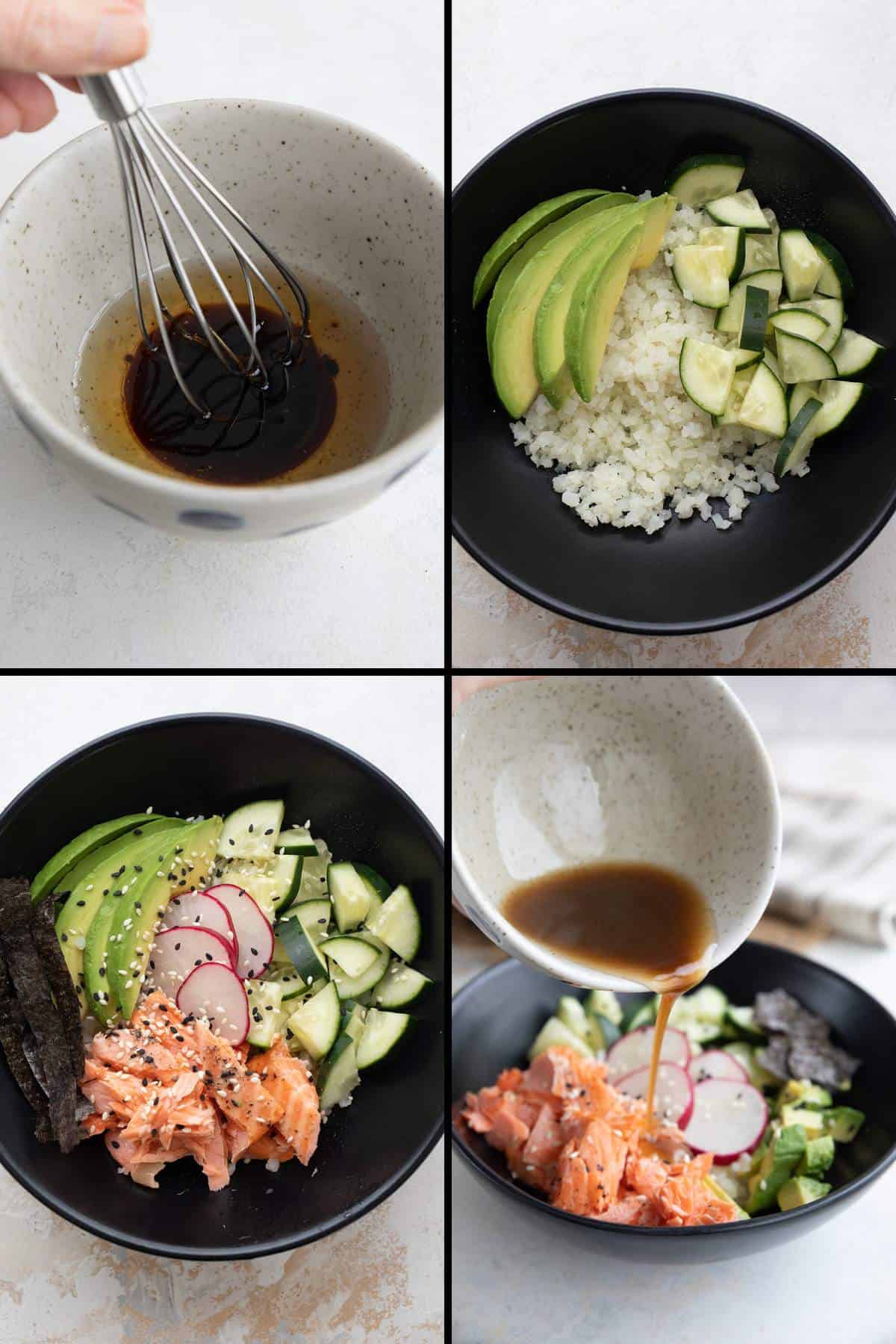 A collage of 4 images showing how to make Keto Sushi Bowls.