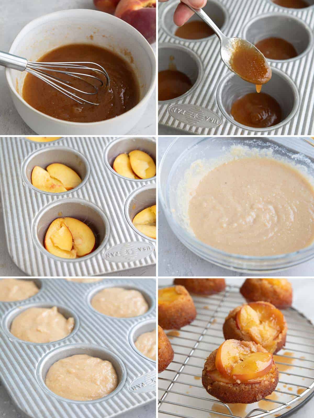A collage of 6 images showing the steps for making Keto Peach Upside Down Cakes.