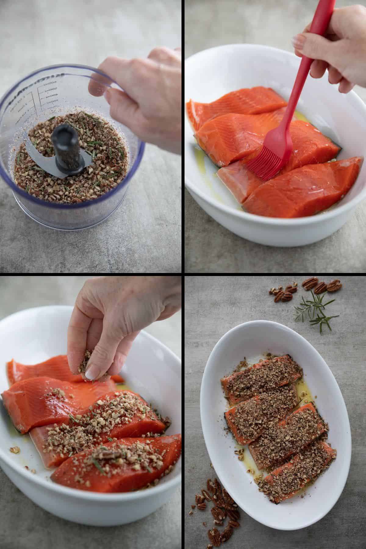 A collage for 4 images showing how to make Pecan Crusted Salmon.