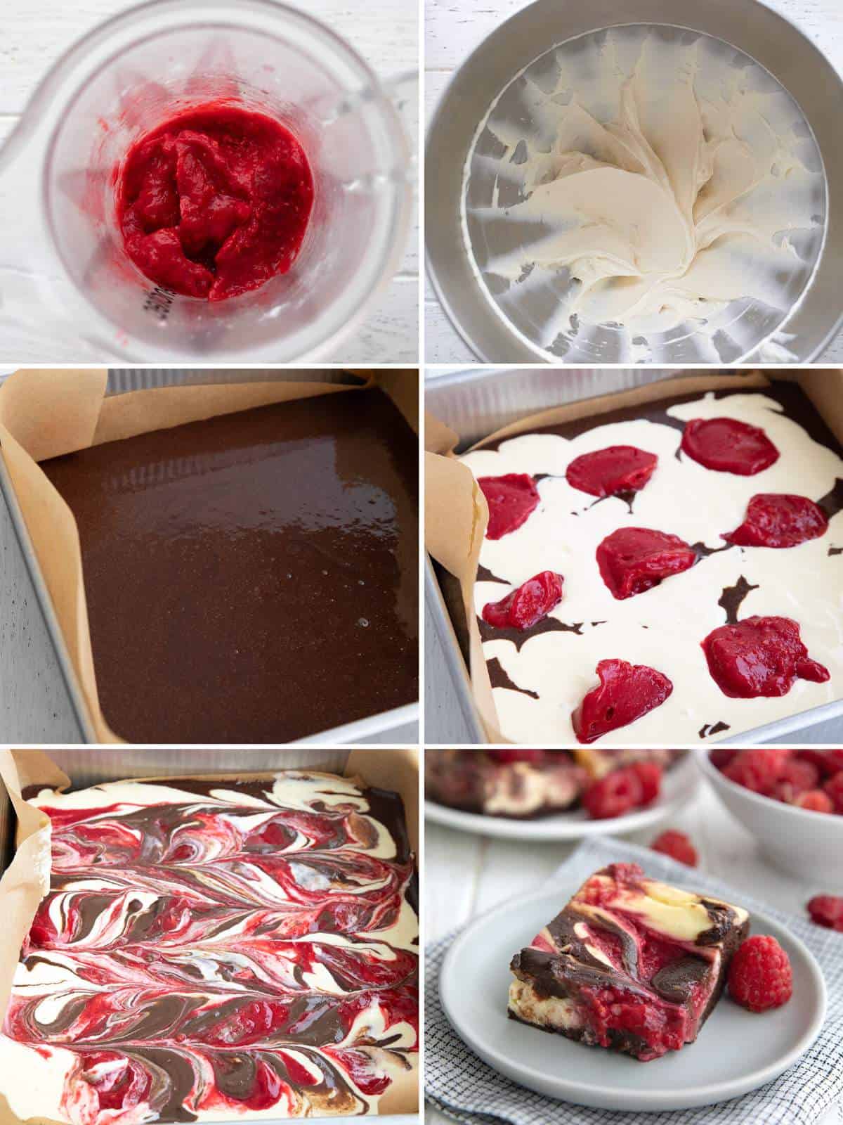 A collage of 4 images showing how to make Keto Raspberry Cheesecake Brownies.