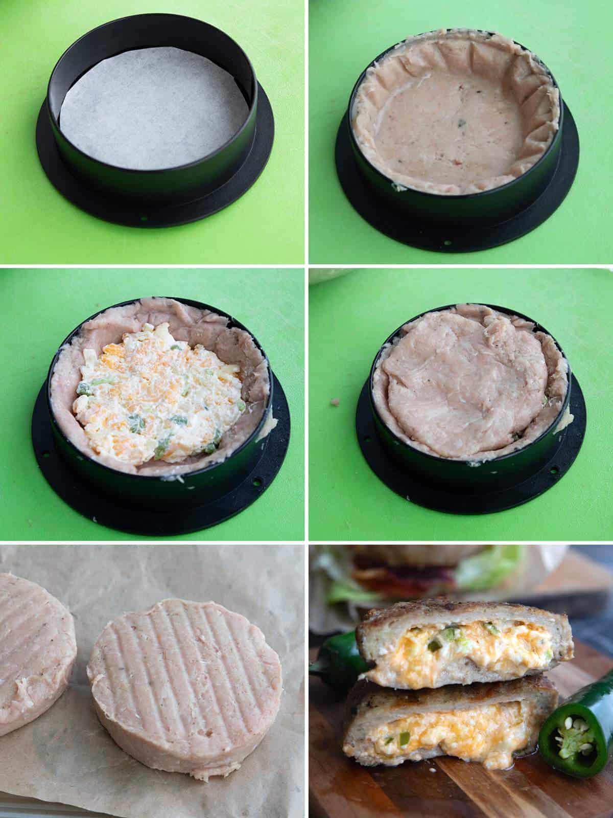 6 images showing how to make stuffed turkey burgers.