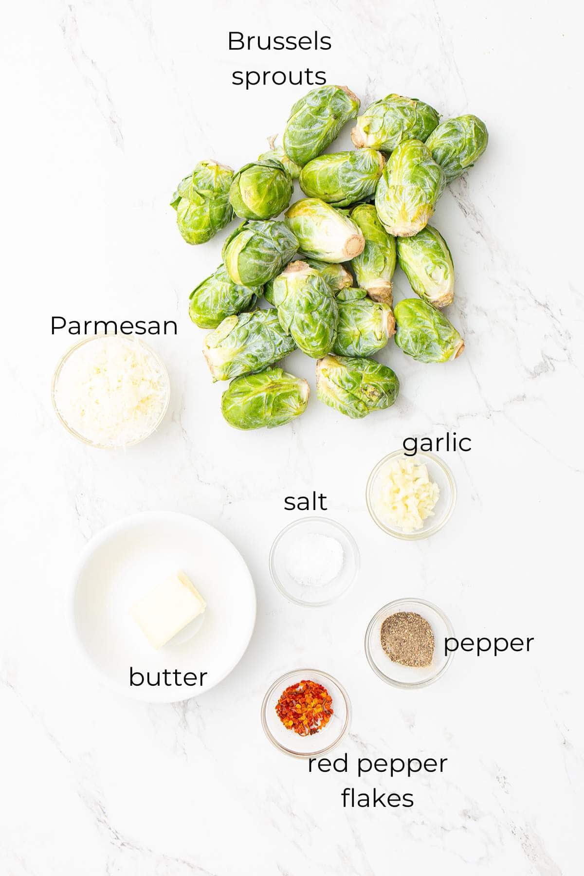 Top down image of ingredients for Air Fryer Brussels sprouts.