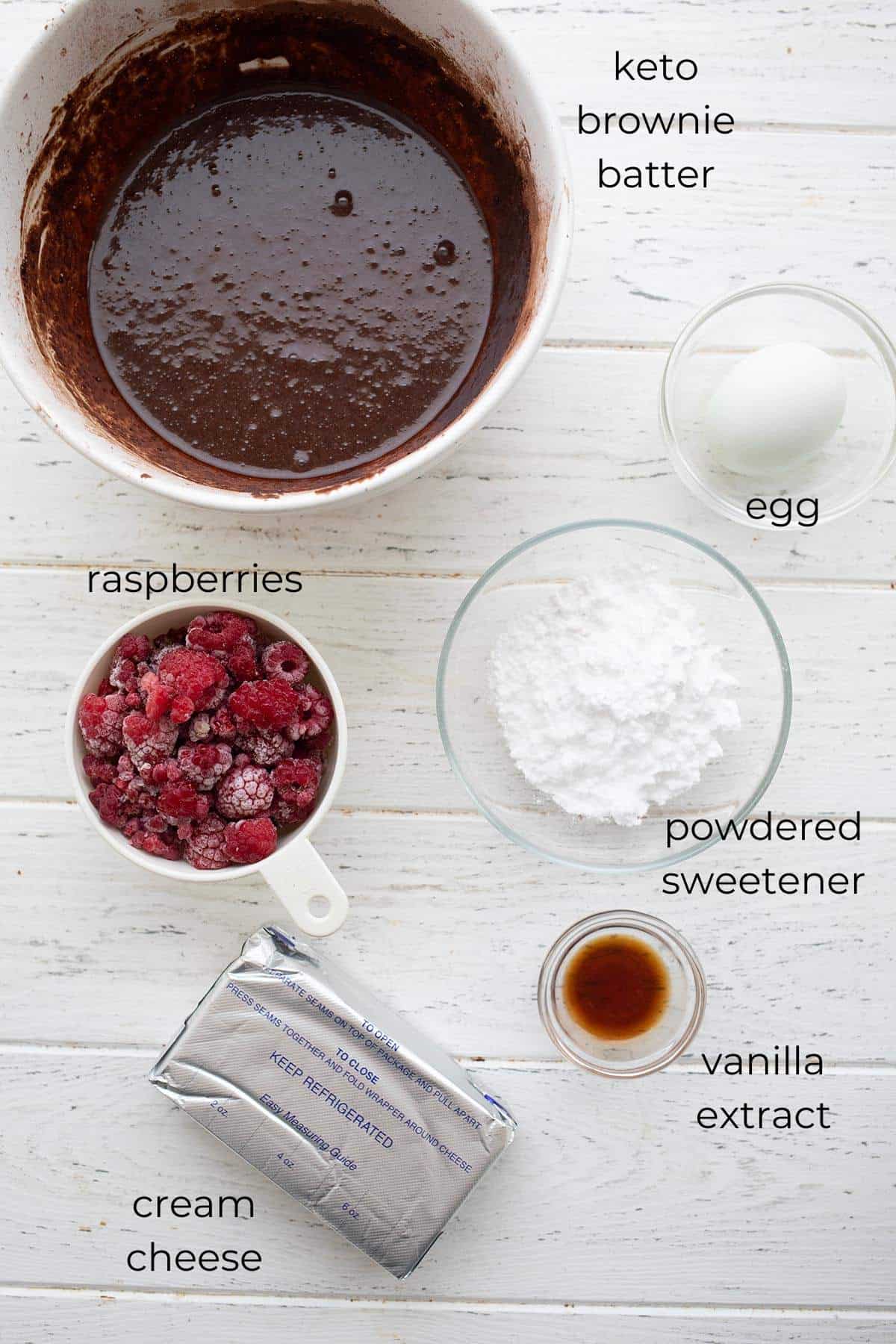 Top down image of ingredients for Keto Raspberry Brownies.