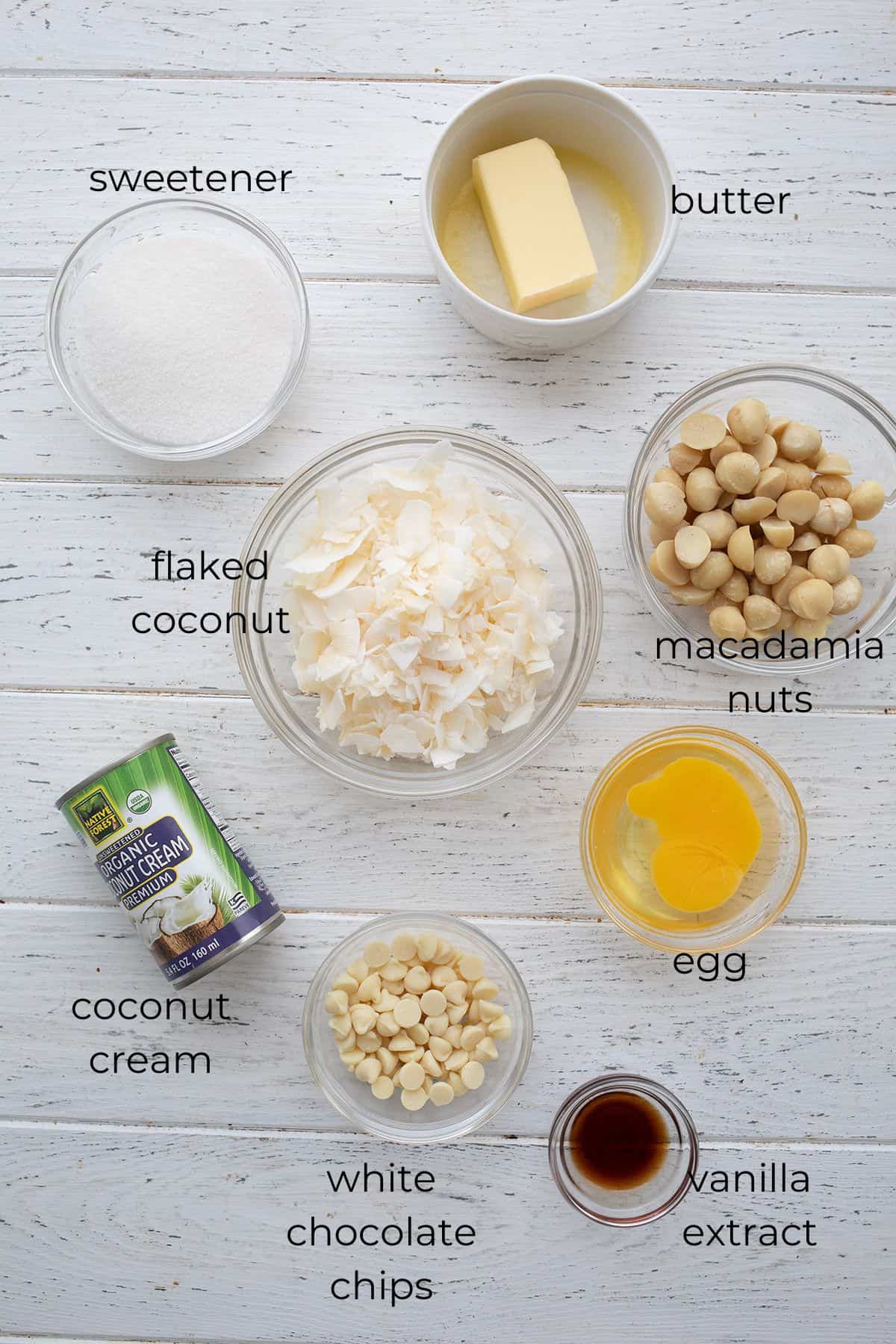 Top down image of the ingredients needed for Keto Coconut Macadamia Bars.