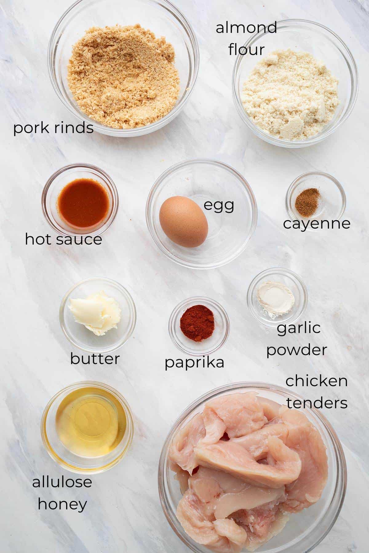 Top down image of ingredients needed for Hot Honey Keto Chicken Tenders.