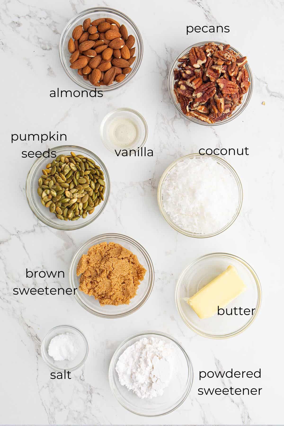 Top down image of the ingredients for easy keto granola clusters.