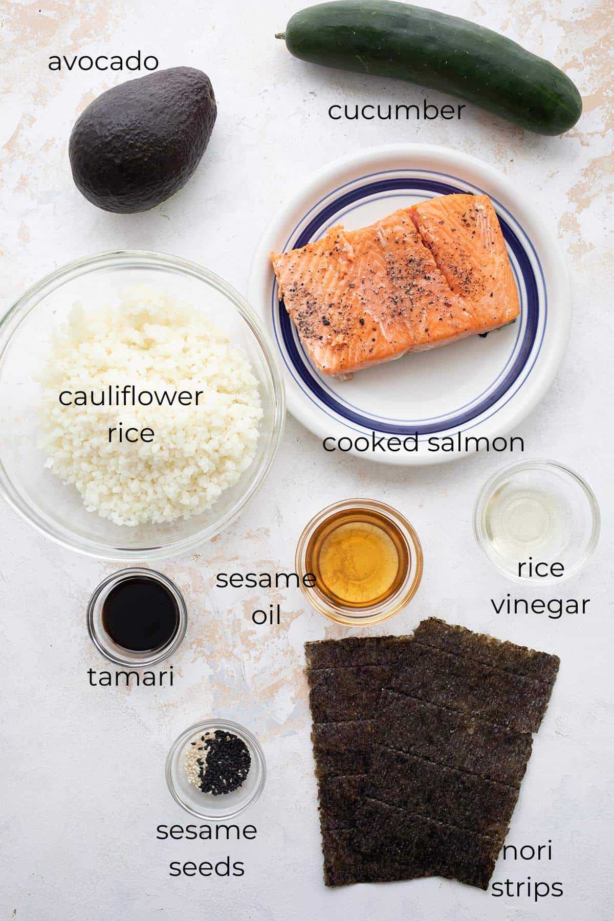 Top down image of ingredients needed for Keto Sushi Bowls.