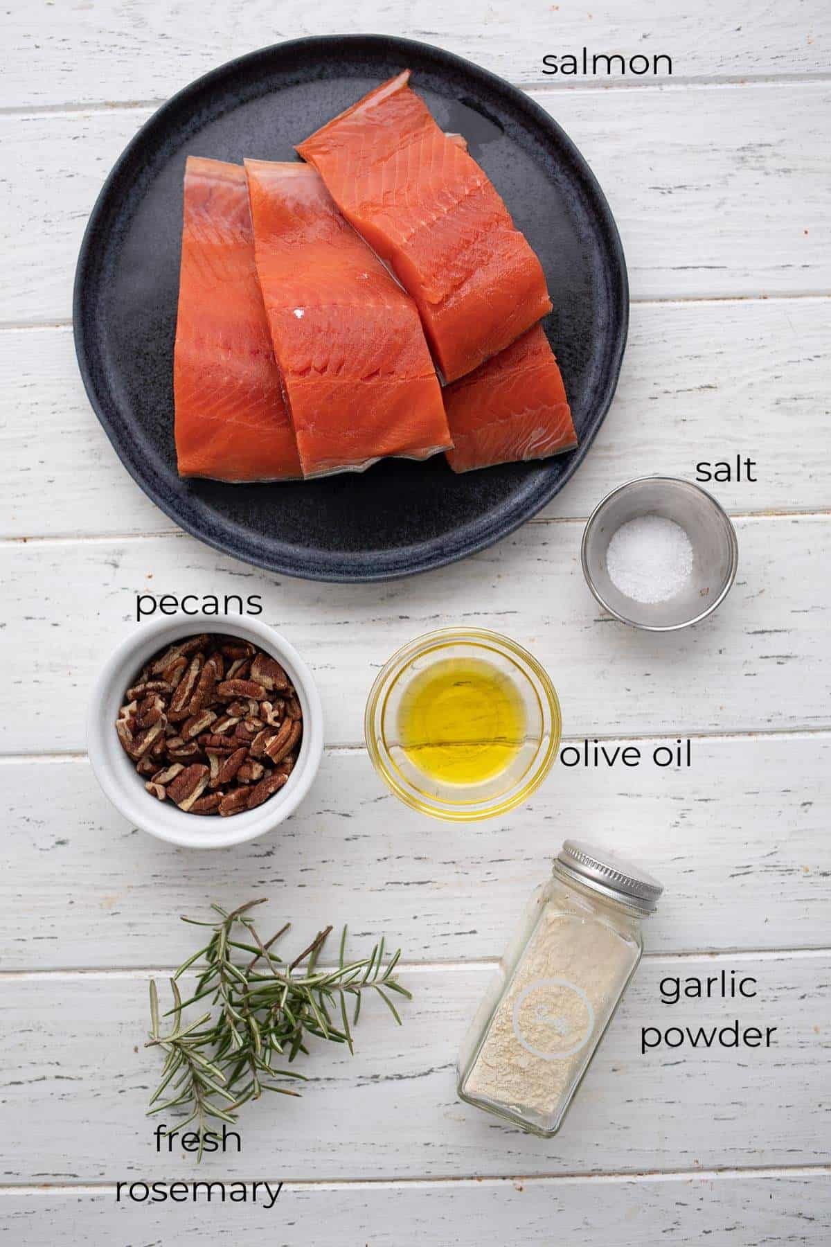 Top down image of ingredients for Pecan Crusted Salmon.