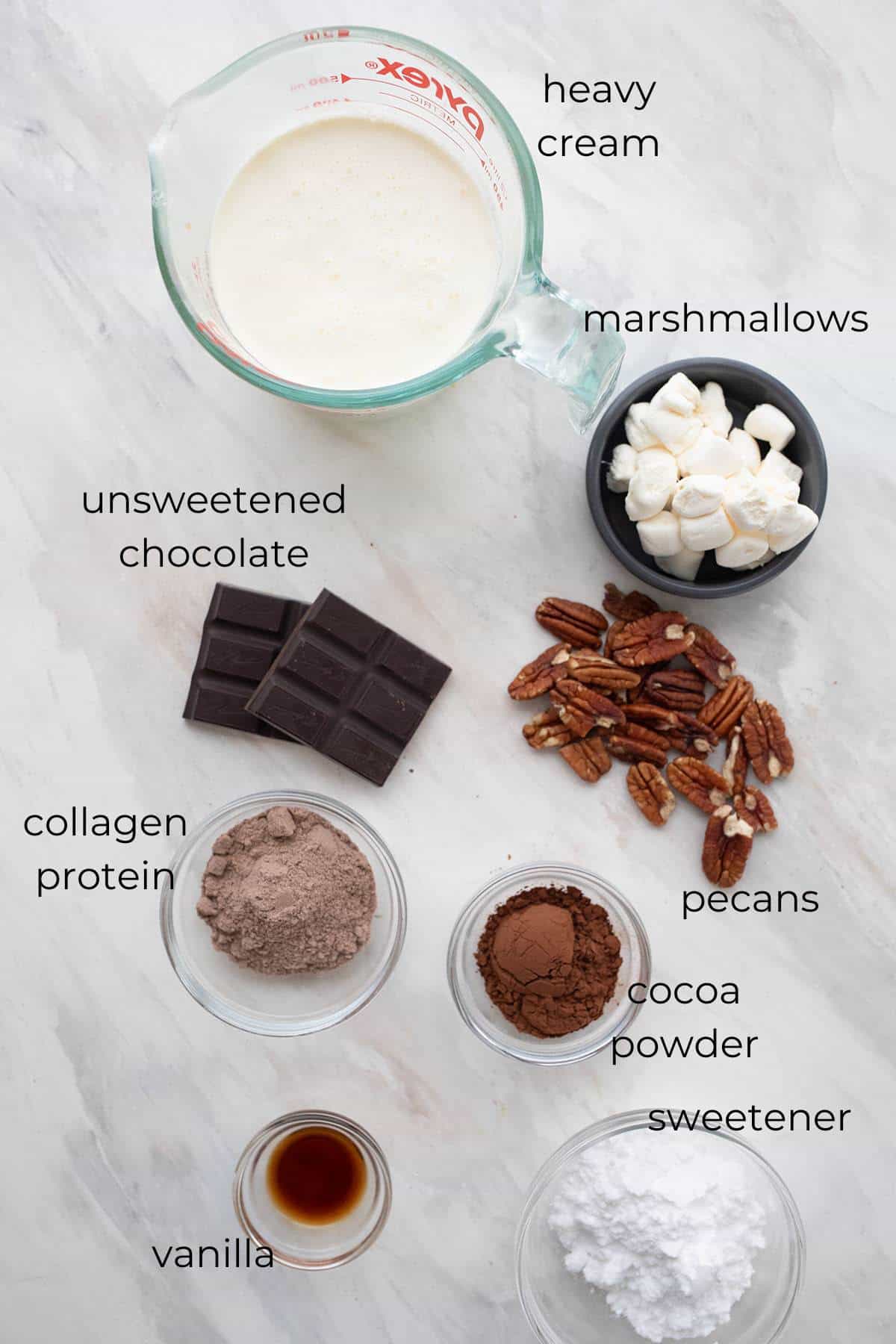 Top down image of ingredients needed for making sugar free fudge.