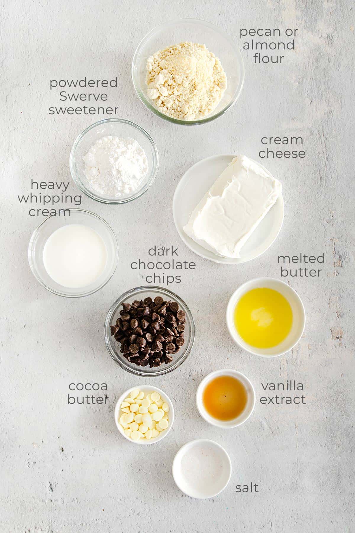 Top down image of ingredients needed for Keto Cheesecake Bites.