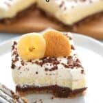 Titled image for Pinterest of Keto Banana Cream Pie Bars.